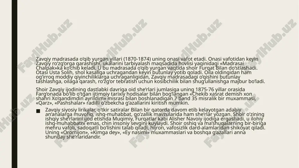 i, ikkala ukasi ketma-ket vafot etadilar, xotinining ikki ko‘zi ojiz bo‘lib, oxiri u ham vafot etadi, uch qiz, bir o‘g‘il shoir qo‘lida qoladi. zavqiy 1900 yilda hojixon nomli bir uyg‘ur xotinga uylanadi. 1900 yilda zavqiy haj safariga otlangan tog‘asi muhammad siddiqqa hamroh bo‘lib qator mamlakatlarni bosib, makka va madinani ziyorat qiladi. uning taassuroti «hujjoji makka ahliga chunu charo demang» misrasi bilan boshlanuvchi she’rida o‘z badiiy ifodasini topgan. zavqiyning «obid mingboshi haqida hajv» (1906),«shoh inoyat qo‘rboshi» (1908) kabi satiralari, «kajdor maraz ey zamona» (1905), «kam suxanlik» (1912-13 yillar), «qahatlik» (1916), «ajab ermas» (1916) kabi siyosiy lirikalarida avvalgilarga qaraganda ozodlik, kelajakka umid bilan qarash g‘oyalari kuchlidir. jumladan «ajab ermas» radifli muxammas, faqat zavqiy ijodida emas, balki xx asr boshlaridagi butun o‘zbek ijtimoiy-siyosiy she’riyatida katta hodisa bo‘ldi. bunda shoir mustamlaka asorati ostida ezilayotgan ona yurtning kulfatli kunlari unut bo‘lishi haqida so‘z ochadi, og‘ir iqtisodiy hayot kechirayotgan xalqning baxtli taqdiri haqida, bo‘lajak katta ijtimoiy …