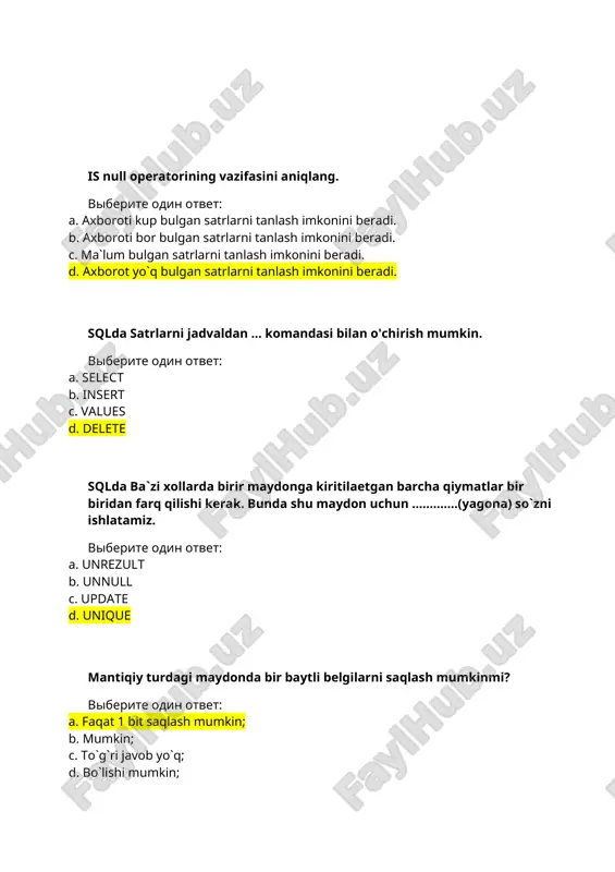 larni loyihalash uchun; d. jadvallarni bog`lash uchun; groupby operatorinining vazifasini aniqlang. viberite odin otvet: a. ma`lumotlarni guruxga ajratmaslikka imkonyat yaratadi. b. vaziyatga boglik buyruqlar ruyxatini beradi. c. ma`lumotlarni guruxga ajratishga imkonyat yaratadi. d. ma`lumotlarni saralashga yordam beradi. 3 – 4 so`zdan iborat matnni saqlash uchun qaysi maydon turidan foydalanish maqsadga muvofiq? viberite odin otvet: a. matnli(tekstoviy); b. memo maydoni; c. pulli(denejniy); d. sonli (chislovoy) sqlda between va in operatorlari qanday operatorlar. viberite odin otvet: a. nomantiqiy operatorlar b. tozalovchi operatorlar c. tekshiruvchi operatorlar d. mantiqiy operatorlar sana va vaqt kombinatsiyasi. ushbu jumla qaysi tipga daxildor. viberite odin otvet: a. datetime b. varchar(n) c. time d. decimal(p,q) sqlda all va public argumentlaridan foydalanish public ni vazifasi aniqlang. viberite odin otvet: a. imtiyozlarni publikatsiya qilish uchun ishlatiladi b. jadvalda bir imtiyozni berish uchun ishlatiladi c. jadvalda hamma imtiyozlarni berish uchun ishlatiladi d. satrlarini o'zining jadvallaridagi ixtiyoriy tashqi sqlda ba`zi xollarda birir maydonga …