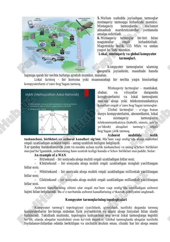 tga ega. ular bir guruh kompyuterlarni bir-biri bilan bog`lab, kompyuterlarning mahalliy tarmog`ini (local area network yoki qisqacha lan) yaratishga va kompyuterlarni bir-biriga ulana olishiga xizmat qiladi. ko`priklar mahalliy tarmoqlarni bir-biri bilan bog`laydi. ular mahalliy tarmoqqa jo`natiladigan ma'lumotlarni tarmoq ichida olib qoladi va boshqa mahalliy tarmoqdagi kompyuterga jo`natilishi kerak bo`lgan ma'lumotlarni tarmoqdan tashqariga chiqarib yuboradi. shlyuzlar ko`priklarning o`zi, lekin ular zarurat paydo bo`lganda, ma'lumotlarni bir turdan ikkinchi tarmoq uchun tushunarli boshqa turga aylantiradi. internet bo`ylab ma'lumotlar uzatilganda ular uzoq masofaga jo`natilishi mumkin. bunda esa ma'lumotlarni tashuvchi signallar so`na boshlaydi. repiterlar signallar so`nib qolmasligi uchun ma'lum masofadan keyin ularni kuchaytiradilar. marshrutizatorlar. internetdagi ma'lumotlar oqimini boshqarishda muhim ahamiyatga ega. ularning vazifasi ma'lumotlar joylangan paketlarni har doim kerakli yo`nalishda borishini ta'minlashdir. agar ma'lumotlar bitta mahalliy tarmoqqa tegishli kompyuterlar orasida uzatilsa, marshrutizatorlarning keragi yo`q, chunki hubning o`zi mahalliy oqimni boshqara oladi. marshrutizatorlar ikkita tarmoq orasida ma'lumot uzatilayotganda ishlay boshlaydilar. marshrutizatorlar paketlarni tekshirib, ularning oxirgi manzillarini …