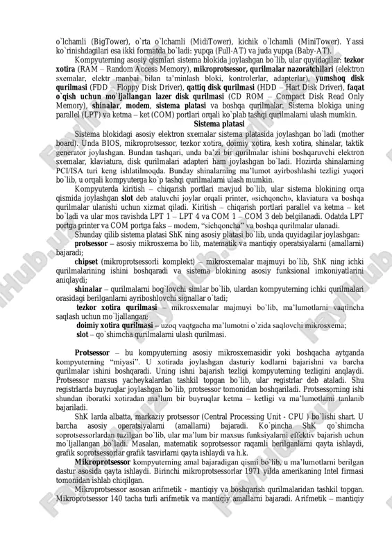 , ma’lum qoidalar asosida yoziladigan ketma – ketliklardan iborat. fon neyman printsipi bo`yicha avtomatik ravishda bajariladigan dastur avval kompyuterning xotirasiga yuklanadi. xotirada turgan dastur asosida dasturni tashkil etuvchi har bir operator ishni ketma – ket bajaradi. the concept of modern computer the principle of the modern computer was proposed by alan turing, in his seminal 1936 paper,[3 on computable numbers. turing proposed a simple device that he called "universal computing machine" that is later known as a universal turing machine. he proved that such machine is capable of computing anything that is computable by executing instructions (program) stored on tape, allowing the machine to be programmable. the fundamental concept of turing's design is stored program, where all instruction for computing is stored in the memory. von neumann acknowledged that the central concept of the modern computer was due to this paper. turing machines are to this day a central object …
