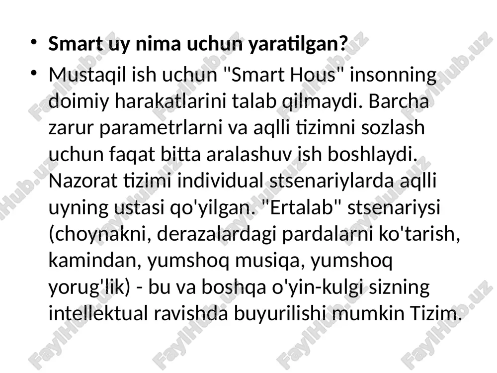 elektr energiyasini iste'mol qilishdan oqilona. windows-dagi panellar va ko'rlarni avtomatlashtirilgan boshqarish. quvvatlantirish manbai. iste'molchilarga elektr energiyasini uzluksiz etkazib berishni ta'minlash. zarur bo'lganda, agar kerak bo'lsa, muqobil energiya, elektr tejashga o'ting. xavfsizlik. videokuzatuv, kvartirada yoki alohida xonalarda, telemetriyada foydalanish. aqlli uy tashqi tomondan kirib ketishining oldini olish uchun uyda egalarining huzuriga taqlid qila oladi. o'yin-kulgi. uydagi multimedia qurilmalarini birlashtiradigan va ularni har qanday xonadan boshqarishga imkon beradigan ko'p funktsiya. interkomning baland funktsiyasi va masofadan ortiq foydalanish mavjud. ishlatilgan texnologiyalar smart uyni boshqarish uchun ma'lumotlar uzatish protokollari, kontrollerlar, boshqarish panellari va boshqa qurilmalar keng qo'llaniladi. ulardan ba'zilari alohida e'tiborga loyiqdir. bu erda ular: z-to'lqin protokoli. bu uyni avtomatlashtirish uchun mo'ljallangan simsiz aloqa protokoli. amalda, protokol aqlli uyning elektron qurilmalariga o'rnatilgan ixcham radio modullari sifatida amalga oshiriladi. protokol oddiy buyruqlarni tezligi va minimal kechikishlarga qaraganda, shuningdek, aralashuvga qarshilik ko'rsatishga nisbatan optimallashtiriladi. kmx avtobus. bu uy avtomatlashtirish tizimlarida keng qo'llanilgan aloqa shinasi. smart uyning …