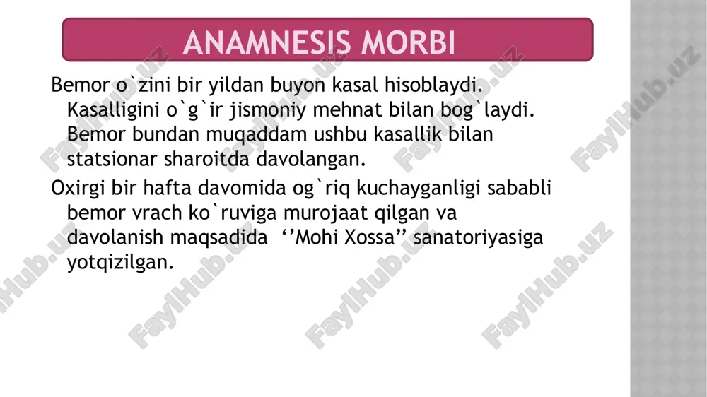 va uni asoslash bemor shikoyatlari: bel sohasida og'riq va uning harakat vaqtida kuchayishi, og'riqning oyoqlarga berilishi, obyektiv ko'ruv natijalari, laborator( umumiy qon tahlili, biokimyoviy tahlil, siydik tahlili), instrumental tekshiruv natijalari: bel-dumg'aza sohasi rentgenografiyasiga ko'ra bemorga quyidagi: bel umurtqalari osteoxondrozi tashxisi qo'yildi. davo rejasi statsionar rejim parhez stol n°15 og'riq qoldiruvchi preparatlar umumiy quvvatlovchi terapiya vitaminoterapiya nevrologik belgilarni davolash mashqlar fizioterapiya massaj retsept 1) rp.: sol. diklofenacii 3ml n=5 d.s. kuniga 3mldan 1 mahal, ertalab mushak orasiga yuborilsin, 5 kun davomida. # 2) rp.: sol. reosorbilactii 200ml n=3 d.s. kuniga 1mahal kunning birinchi yarmida vena ichiga sekin jo'natilsin. # 3) rp.: sol. medocalmii 1ml n=10 d.s. kuniga 1mldan, ertalab va kechqurun m/o yuborilsin. # 4) rp.: sol. vitaminii b12 1ml n=10 d.s . 2mldan , natriy xlorid 0.9%li 100ml eritmasiga qo'shib, vena ichiga yuborilsin. image1.jpeg image2.jpeg