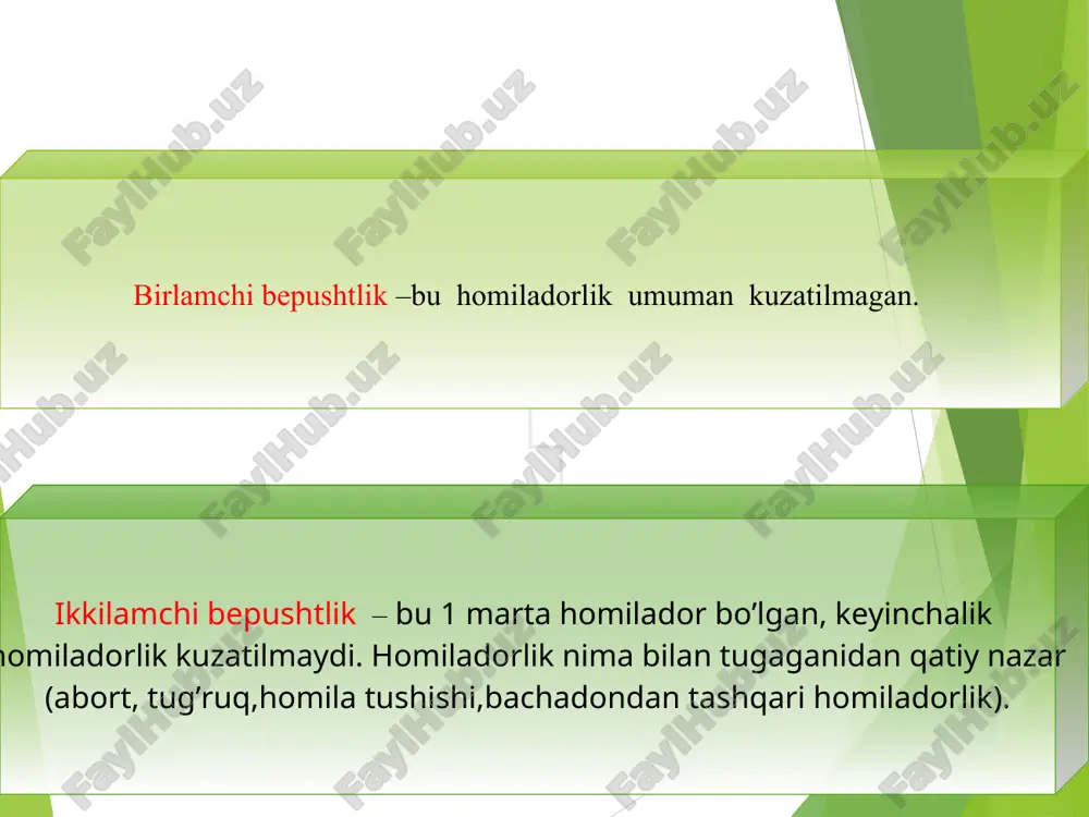 prolaktenemiya . lyutein faza yetishmovchiligi diagnostikasi lyutein faza yetishmovchiligi asosiy simptomi bepushtlik qonli ajralma xayz oldi kunlari 4- 5 kun oldin. diagnoz qo’yishdan quyidagilar qo’llaniladi: bazal temperaturani o’lchash qonda progesteron miqdorini aniqlash, 9-80 nmol\litr va pregnandiol siydikda 3 mg\sutkasidan yuqori bu ko'rsatkichlar sariqtana normal faoliyatidan dalolat beradi. bachadon devorini xayz oldi kunlari qirganda sekretor trasformatsiya nosozligi kuzatiladi. endometriy kalinligi xayz sikli dinamikasida o’lchash. uzi yordamida . laparoskopiyaa stigma ovulyaiya sodir bo’lgan soxada lyutein faza yetishmovchiligi ni davolash klomifen oddiy sxemasi: hayz tsiklining 5-kunidan 9-kunigacha 50 mg beriladi, natija bermasa miqdorii 100-150 mg gacha oshiriladi giperprolaktinemiyada hayz siklining 4-6 kunigacha parlodel 2,5-7,5 mg tavsiya etildi. giperandrogeniyada deksametazon 0,25-0,5 mg sutkasiga klomifen bilan birga tavsiya etiladi kombinirlangan estrogen – gestagen preparatlari reboud maqsadida buyuriladi natijasi 2-3 kurs davomida bilinadi xorionik gonadotropin 1500-2000 me hayz siklini 2-4-6 kunlarida qilinadi bazal xarorat ko’tariladi progesteron hayzning 2 fazasidan 10kun hayz sikli boshlanguncha qilanadi lyutein faza …