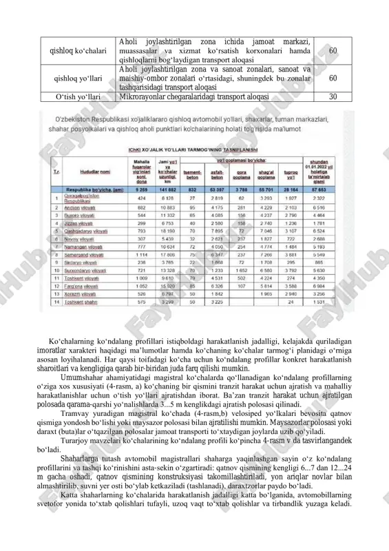 anib belgilanadi. ishlab chiqarish korxonalari, muassasalar, vokzallar, pristanlar va jamoat foydalanadigan joylarning joylashuvi haqidagi ma’lumotlarni tahlil qilib, yuk oqimlarining yo‘nalishi va miqdori belgilanadi. birinchi navbatda, eng qisqa yo‘nalish bo‘yicha asosiy magistrallar loyixalanadi. qolgan ko‘chalar turar joy mavzelarini sanoat korxonalari, muassasalar, vokzallar va hokazolar bilan qulay transport aloqasi bilan bog‘lash shartiga ko‘ra asosiy magistrallarga yordamchi yo‘llar tarzida joylashtiriladi. shahar ko‘chalari tasnifi ularning belgilari (alomatlari) ni nazarda tutishga asoslanadi: imoratlarning xarakteri, istiqboldagi harakat jadalligi va turlari, yer osti xo‘jaligining rivojlanish darajasi, ko‘chalarning ko‘cha tarmog‘i planidagi va shahar atrofi yo‘llarining kirib kelishiga nisbatan vaziyati. 1-jadvalda shahar ko‘chalarini loyihalash me’yorlarida qabul qilingan tasnifi keltirilgan (shnk. 2.07.01-03). 1-jadval ko‘chalar va yo‘llarning toifasi ko‘chalar va yo‘llarning asosiy ahamiyati hisobiy harakat tezligi, km/soat tez yuriladigan (tezkor) yo‘llar eng yirik yoki yirik shahar tumanlari o‘rtasidagi va shaharlar hamda aholi guruh-guruhlab joylashtirilgan tizimdagi aholi yashaydigan boshqa punktlar o‘rtasidagi, yo‘llar har xil sathda qurilgan chorrahalardan o‘tadigan tezkor transport aloqasi 120 …