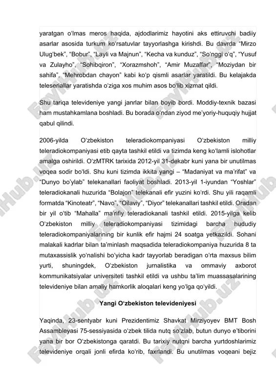 ho folklor merosimizga oid teledasturlar xalqimizning eng sevimli koʻrsatuvlariga aylandi. chunki xalqimiz shu kabi koʻrsatuvlarga tashna edi. oʻzbekiston mustaqil davlat boʻlgach, televideniyeda ham tub islohotlar boshlandi. teleijodkorlar xalqimizning boy tarixi, qadriyatlari, buyuk bobolarimiz yaratgan oʻlmas meros haqida, ajdodlarimiz hayotini aks ettiruvchi badiiy asarlar asosida turkum koʻrsatuvlar tayyorlashga kirishdi. bu davrda “mirzo ulugʻbek”, “bobur”, “layli va majnun”, “kecha va kunduz”, “soʻnggi oʻq”, “yusuf va zulayho”, “sohibqiron”, “xorazmshoh”, “amir muzaffar”, “moziydan bir sahifa”, “mehrobdan chayon” kabi koʻp qismli asarlar yaratildi. bu kelajakda teleseriallar yaratishda oʻziga xos muhim asos boʻlib xizmat qildi. shu tariqa televideniye yangi janrlar bilan boyib bordi. moddiy-texnik bazasi ham mustahkamlana boshladi. bu borada oʻndan ziyod meʼyoriy-huquqiy hujjat qabul qilindi. 2006-yilda oʻzbekiston teleradiokompaniyasi oʻzbekiston milliy teleradiokompaniyasi etib qayta tashkil etildi va tizimda keng koʻlamli islohotlar amalga oshirildi. oʻzmtrk tarixida 2012-yil 31-dekabr kuni yana bir unutilmas voqea sodir boʻldi. shu kuni tizimda ikkita yangi – “madaniyat va maʼrifat” va “dunyo boʼylab” …