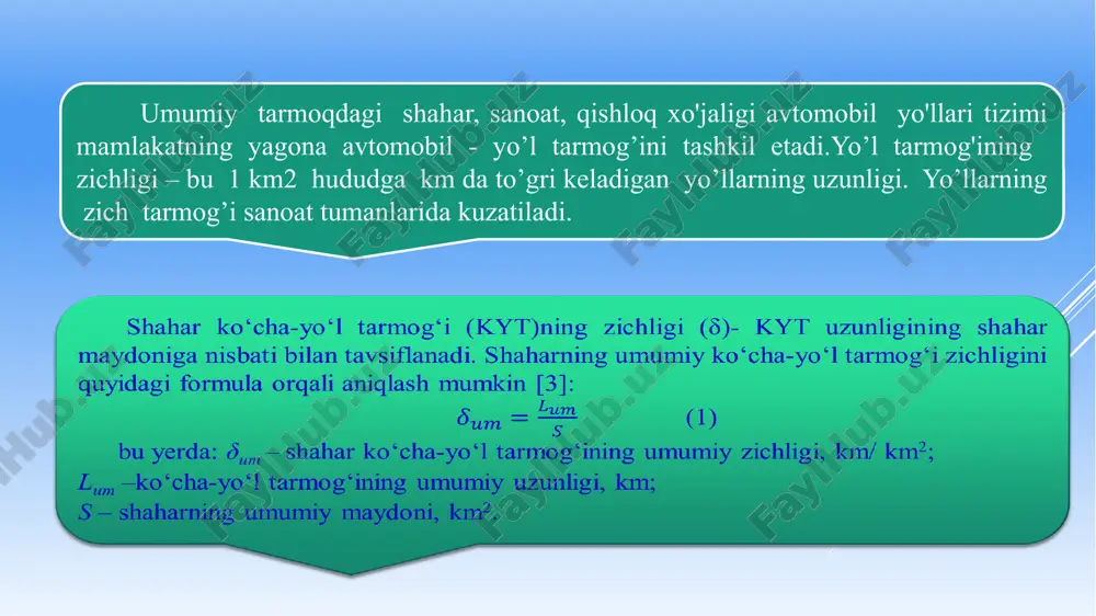 hri a) farg‘ona shahri; b) samarqand shahri; v) namangan shahri; termiz shahri. shaharsozlikda kyt zichligining ko‘rsatkichi yana bir muhim faktorga bog‘liq bo‘lib, bu ko‘rsatkich kytning nochiziqlilik koeffitsienti (kn)dir. mazkur koeffitsientning kattaligi shahar kytning sxemasiga bog‘liqdir. jahon shaharsozligi tajribasidan ma’lumki, bu borada eng maqbul sxema – bu diagonalli to‘rtburchakli sxema bo‘lib (1-rasm), u aqshning bir qancha yangi va kichik shaharlarida amalda qo‘llanilgan. mazkur sxema bo‘yicha kn=1.1-1.2. xalqasimon sxemada bu ko‘rsatkich kn= 1.5 ni tashkil etadi. a-erkin sxema; b-radial; v-radial-xalqasimon; g-uchburchakli; d-to‘g‘riburchakli; e-to‘g‘riburchakli-diagonal. toshkent uzbekistan new york usa 2.1-jadval ko‘chalar va yo‘llar toifalari ko‘chalar va yo‘llarning asosiy vazifalari 1 2 i. shahar ahamiyatidagi magistral ko‘chalar: to‘xtovsiz harakat aholi punktining ichidagi funksional zonalararo aloqalar, tashqi avtomobil yo‘llari bilan aloqalar. transportning barcha turlarini o‘tkazish. harakati to‘xtovsiz. magistral ko‘chalar bilan turli sathlarda kesishish. tartibga solinadigan harakat aholi punkti rejaviy karkas o‘qini hosil qiladi. tartibga solinadigan magistrallar bo‘ylab aholi punkti rivojlanadi, ularda ommaviy qatnov ob’ektlari joylashadi, …