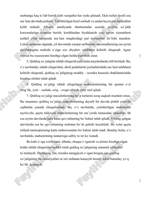 machilik sanoatda ishlatilayotgan tolaning 60 foizidan ortiqrog`i o`zimizda ishlab chiqarilgan paxta tolasidir. qolgan qismi jun, kanop, pilla va kimyoviy tolalarga to`g`ri keladi. meva, sabzavot va poliz mahsulotlprini qayta ishlovchi sanoat to`liq mahalliy xomashyo mahsulotlari evaziga ishlaydi. sut va go`shtni qayta ishlash sanoati ham mamlakatda yetishtirilgan mahsulotlar hisobiga faoliyat ko`rsatadi. yog` – moy sanoatining xomashyolari asosan o`zimizda yetishtiriladi. faqatgina o`simlik moyining ayrim turlarini xorijdan keltirilgan xomashyo hisobiga ishlab chiqariladi. masalan, mamlakat aholisi iste`mol qilayotgan yog` – moylarning sifati, assortimenti boy bo`lishi uchun chetdan soya keltirmoqda. albatta, bu jami yetishtirilayotgan yog`-moyning juda kam qismini tashkil etadi. qishloq xo`jaligi o`zbekiston respublikasi iqtisodiyotining yirik tarmoqlaridan biri hisoblanadi. bugungi kunda qishloq xo`jaligining mamlakat iqtisodiyotdagi o`rni judda katta. mamlakatda ishlab chiqarilayotgan yalpi ichki mahsulotning 26-30 foizi shu tarmoqning ulishiga to`g`ri keladi. 2004 yilda mamlakat jami yalpi ichki mahsulotining 26,8 foizi shu tarmoqda yaratildi. mamlakatimiz iqtisodiyoti uchun zarur bo`lgan erkin harakatdagi qattiq valyuta tushumining yarimidan ko`prog`i shu …