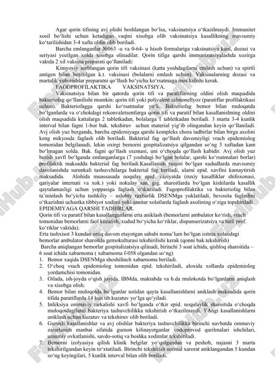 o‘ladi, qo‘zg‘atuvchi yukori mikdorda ajraladi. kiyin tashxislanuvchi shakllari bemorlarda kator xollarda faolligi saklanib kolishi tufayli xavflidir. infeksiya manbalari sifatida tashuvchilar katta epid. axamiyatga ega. tashuvchilikning 3 kategoriyasi farklanadi: - rekonvalessent tashuvchilik, tuzalish davrida kuzatiladi va 3 oygacha davom etadi; - surunkali tashuvchilik, kasallik utkazgandan sung (3-5% xollarda) va 3 oydan bir necha yilgacha va xatto umrining oxiriga davom etadi. - tranzitor tashuvchilik. bunday tashuvchilik korin tifi va paratif bakteriyalarining infeksiyaga moyil bulmagan odam ichagiga tushganda (utkazilgan kasallik natijasida, emlashlar va b.) yoki kam dozada zararlanganda yuz berishi mumkin. bunda mikroblar konga va ichki organga utmaydi va ichakdan bir necha kun mobaynida ajraladi. odatda tranzitor tashuvchilarda qo‘zg‘atuvchi bir marta aniklanadi. bakteriyalar o‘tda yoki peshobda bo‘lsa, tranzitor tashuvchilik inkor kilinadi. mexanizm va yukish yo‘llari. umumiy quvvatsizlik, xolsizlik, titrash, bosh og‘rig‘i, ishtaxaning yo‘qolishi, tana xaroratining 39-400s gacha ko‘tarilishi, korin shishishi, kabziyat, kamdan-kam ich ketishi kuzatiladi. birinchi xaftaning oxirida taloq kattalashadi, kechrok jigar xam, …