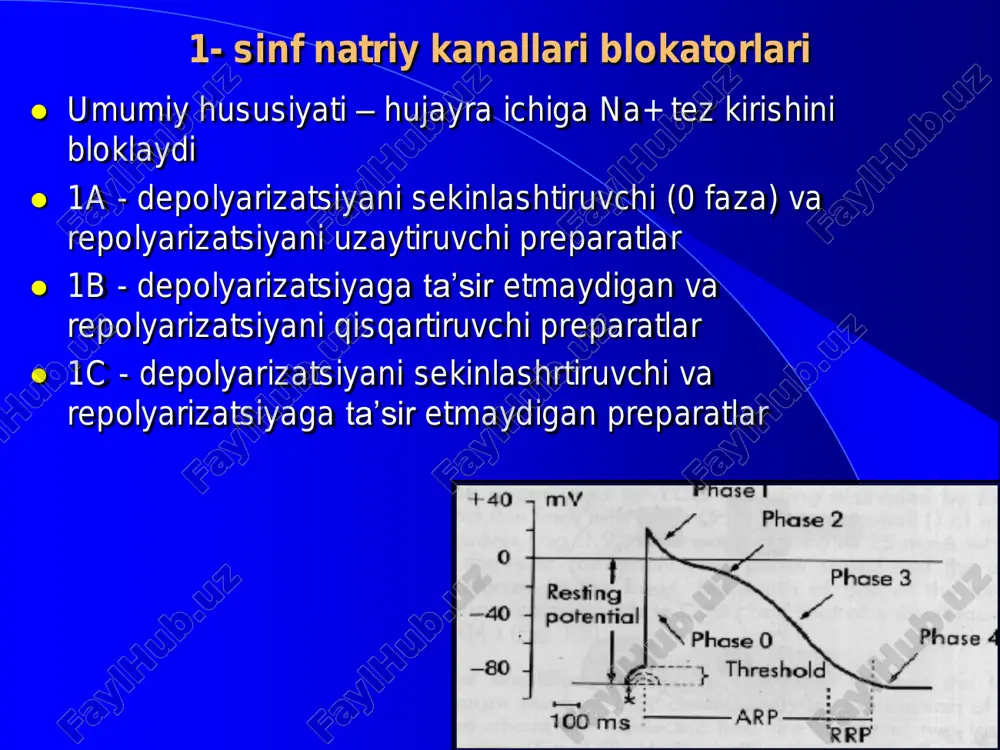 linolol (kordanum)  atenolol 2 –sinf sinf beta-blokatorlar elektrofiziologik ta’siri  b-adrenoblokatorlar simpaatik nerv tizimining yurakka stimullovchi ta’sirini susaytiradi va natijada: - sinoatrial tugun avtomatizmini pasaytiradi; - atrioventrikulyar tugun avtomatizmi va o‘tkazuvchanligini susaytiradi - purkine tolalari avtomatizmini susaytiradi - harakat potensialining 0-fazasini sekinlashtiradi - repolyarizatsiyani uzaytiradi qo‘llashga ko‘rsatmalar: • sinusli taxikardiya, ayniqsa psixoemotsional stress fonida • qorincha usti paroksizmal taxikardiyasi • tireotoksikozdagi aritmiyalar • qorinchalar taxikardisi, ayniqsa miokard infarkti o‘tkazgan bemorlarda yoki dilatatsion kardiomiopatiyada • qorincha usti va qorincha ekstrasistoliyasi • xilpillovchi aritmiyaning doimiy turida yuqsni nazorat qilish uchun • miokard infarkti o‘tkazgan bemorlarda qorinchalar fibrilyasiyasi profilaktikasi uchun • qt intervalning tug‘ma uzayishi. asosiy nojo‘ya ta’sirlari:  yuqs kamayishi;  atrioventrikulyar o‘tkazuvchanlikni susayishi;  bronxlar tonusi oshishi;  periferik tomirlar tonusi oshishi;  glyukozaga tolerantlikni pasayishi. 3 - sinf kaliy kanallari blokatorlari  bu guruh preparatlari repolyarizatsiyani sekinlashtirib harakat potensiali davomiyligini oshiradi  antiadrenergik hususiyatga ega va membranining ionlar uchun …