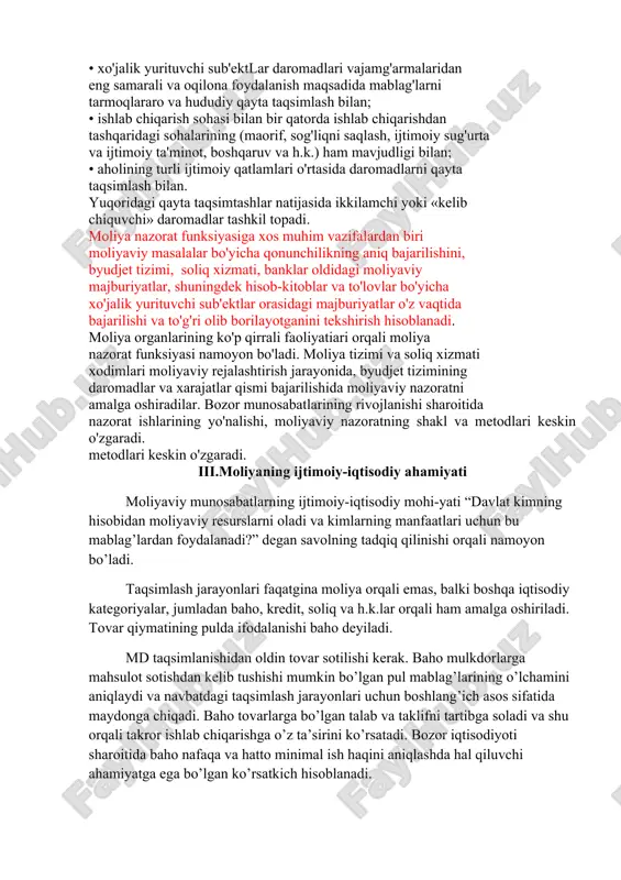 ining (maorif, sog'liqni saqlash, ijtimoiy sug'urta va ijtimoiy ta'minot, boshqaruv va h.k.) ham mavjudligi bilan; • aholining turli ijtimoiy qatlamlari o'rtasida daromadlarni qayta taqsimlash bilan. yuqoridagi qayta taqsimtashlar natijasida ikkilamchi yoki «kelib chiquvchi» daromadlar tashkil topadi. moliya nazorat funksiyasiga xos muhim vazifalardan biri moliyaviy masalalar bo'yicha qonunchilikning aniq bajarilishini, byudjet tizimi, soliq xizmati, banklar oldidagi moliyaviy majburiyatlar, shuningdek hisob-kitoblar va to'lovlar bo'yicha xo'jalik yurituvchi sub'ektlar orasidagi majburiyatlar o'z vaqtida bajarilishi va to'g'ri olib borilayotganini tekshirish hisoblanadi. moliya organlarining ko'p qirrali faoliyatiari orqali moliya nazorat funksiyasi namoyon bo'ladi. moliya tizimi va soliq xizmati xodimlari moliyaviy rejalashtirish jarayonida, byudjet tizimining daromadlar va xarajatlar qismi bajarilishida moliyaviy nazoratni amalga oshiradilar. bozor munosabatlarining rivojlanishi sharoitida nazorat ishlarining yo'nalishi, moliyaviy nazoratning shakl va metodlari keskin o'zgaradi. metodlari keskin o'zgaradi. iii.moliyaning ijtimoiy-iqtisodiy ahamiyati moliyaviy munosabatlarning ijtimoiy-iqtisodiy mohi-yati “davlat kimning hisobidan moliyaviy resurslarni oladi va kimlarning manfaatlari uchun bu mablag’lardan foydalanadi?” degan savolning tadqiq qilinishi orqali namoyon …