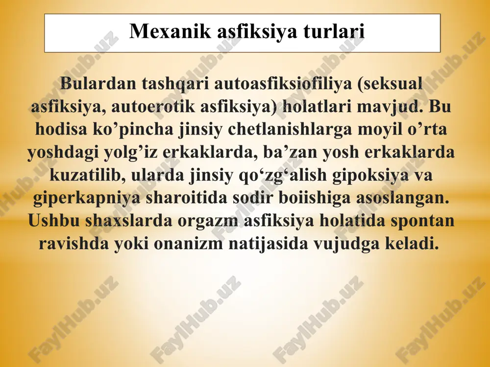 iyaning tashqi belgilari qorachiqlarning kengayishi (midriaz) nisbatan noturg’un belgi bo’lib, stress holatida katexolaminlarning ta’siri bilan tushuntirilishi mumkin. ixtiyorsiz ravishda siydik, axlat ajralishi, erkaklarda sperma, avollarda esa bachadon bo’yinchasi kanalidan shilliq tiqinning chiqishi talvasalar vaqtida tegishli ichki a’zolar devoridagi silliq mushaklaming qisqarishi natijasida ro’y beradi. mexanik asfiksiyaning tashqi belgilari yurak va yirik venalarda to’q qizil, suyuq holdagi qonning bo’lishi giperkapniya holati hamda tez o’lim hollarida o’pkalarda fibrinogenaza fermentining ko’p ishlab chiqarilishi, ushbu ferment aktivligining oshishi bilan tushuntiriladi. yurakning o’ng kameralarining chap tomondagilarga nisbatan qon bilan to’lishi (asfiktik yurak) kichik qon aylanish doirasida bosimning oshishi hamda nafas olishning yurakka nisbatan oldinroq to’xtashi natijasida vujudga keladi. mexanik asfiksiyaning ichki belgilari visseral plevra va epikard ostiga mayda (diametri 2-3 mm) to'q qizil qon quyilishlar (tarde dog‘lari) qon tomirlardagi bosimning keskin ko‘tarilishi, tomir devorlari o'tkazuvchanligining oshishi hamda inspirator hansirash bosqichida ko'krak qafasining so‘rish qobiliyatining kuchayishi natijasida vujudga keladi. bu qon quyilishlar ko‘proq o‘pka boiaklari oraligi,diafragmal …