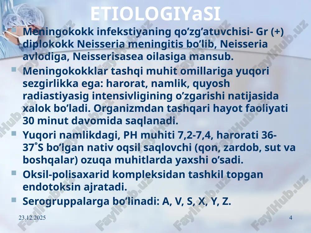al belgilar 01.06.2020 20 ensa mushaklarining taranglashishi. kernig simptomi brudzinskiy simptomlari (quyi, o`rta, yuqori). giyen simptomi bexterov simptomi meningeal belgilar (bolalar uchun) 01.06.2020 21 «osilib turish» (lessaj), «uch oyoqda tayanish», «tuvak» simptomi «tizzani o`pish» simptomi (amosa). liqildoqning uch simptomi: liqildoqning shishi va taranglashib turishi, pulsatsiya yo`qolishi. 01.06.2020 22 brudzinskiy simptomi va ensa mushaklari taranglashuvi 01.06.2020 23 01.06.2020 24 01.06.2020 25 meningitda bemor holati – (o’qlangan miltiq holati) 01.06.2020 26 kernig belgisi ijobiy kernig simptomi – oyoqlarni toz-son bo`g`imi sohasida bukilganda oyoqni tizza bo`g`imi sohasida yozilmasligi. 01.06.2020 27 01.06.2020 28 28 asoratlari miya shishi – klinik jihatdan- talvasalar, xushning to komagacha buzilishi bilan nomoyon bo`ladi. infeksion-toksik karaxtlik serebral gipertenziya – buning natijasida miyachani katta ensa teshigiga tiqilishi va uzunchoq miyani ezilishi kuzatiladi. 01.06.2020 29 asoratlari ependimatit – qorinchalar ependimasiga yallig'lanish jarayoni tarqalishi bilan yuzaga keladi buyrak usti bezi infarkti – keskin rivojlangan endotoksinemiya va nospetsifik gipersensibilizatsiya bilan bog'liq tserebral kollaps (gipotenziya) …