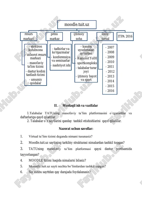oldi. bu bepul tarqaladigan dasturiy majmua o`funksional imkoniyatlarini, o`rganishdagi soddaligi va ishlatishdagi qulayligi bilan elektron o`qitish tizimlaridan foydalanuvchilarning ko`pgina talablarini qanoatlantiradi. moodle masofaviy sohada o`qitish jarayonini to`la qo`llab-quvvatlash uchun keng doiradagi imkoniyatlarni beradi – o`quv materiallarini turli usullarda berish, bilimlarni tekshirish va o`zlashtirish nazorati hozirda moodle tizimini dunyoning ulkan universitetlari o`qitish uchun ishlatishmoqda. moodle mo`t dunyoning 200 davlatida 70 tildagi 2 mln. ga yaqin ro`yxatdan o`tgan foydalanuvchilar, 46 ming ta`lim portallariga ega va 300 dan ziyod dasturchilarni birlashtiradi moodle (http://www.gnu.org/copyleft/gpl.html) gpl litsenziyasi ostida (http://www.opensource.org/docs/definition_plain.html) ochiq joriy kodi bilan dasturiy ta`minot kabi tarqalmoqda. ochiq dasturiy kodli moodle ga o`zgartirishlar kiritish, yaxshilash, modifikatsiyalash uchun http://www.moodle.org manzil bo`yicha kirish mumkin moodle ni ishlatish strategiyasi, filosofiyasi bo'yicha qo'shimcha axborotlarni http://thinkingdistance.org/ manzil bo'yicha olish mumkin. “moodle” so`zi – bu “modular object - oriented dynamic learning environment” so`zining abbreviaturasidir. rus tilida “mudl” va “moodus” (modulnaya ob'ektno-orientirovannaya dinamicheskaya upravlyayushaya sreda) nomlari ham qo`llaniladi. moodle unix, linux, freebsd, …