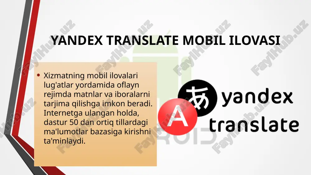 in. tizim tarjima qilingan matnni yangiliklar lentasida joylashtirish uchun to'rtta xizmatni, shuningdek tarjimaga olib boruvchi havolani nusxalash imkoniyatini taqdim etadi. afzallik va kamchiliklari yandex.translate xizmatini va dasturini ishlab chiquvchilar o'zlarining yangi avlod algoritmlari va funktsiyalarini qo'shib, o'zlarining fikrlarini takomillashtirishdan to'xtamaydilar. dinamik rivojlanish yandex.translator-ga mashhurligi bo'yicha eng yaqin va ko'proq "qotib qolgan" raqiblarini chetlab o'tishga imkon berdi: promt va google-dan onlayn tarjimon. yandex-dan onlayn tarjima xizmati chet tillarida yozilgan matnlarni kundalik muntazam tarjima qilish uchun juda yaxshi. undan foydalanish yoki boshqa tarjimonni afzal ko'rish to'g'risida qaror qabul qilish uchun ushbu xizmatning afzalliklari va kamchiliklarini hisobga olish kerak. afzalliklar raqobatdosh dasturiy mahsulotlar va xizmatlarga nisbatan tezkor va aniq tarjima eng keng tarqalgan tillardan so'zlar uchun sinonimlarni tanlash tarjima qilinadigan belgilar soniga deyarli cheklovlarsiz foydalanish uchun bepul xizmatda biron bir ro'yxatdan o'tish va identifikatsiya qilishning etishmasligi manba matnining yozilishini tekshiring kiritilgan matn tilini avtomatik ravishda aniqlash chet so'zlardan foydalanish misollari kamchiliklar mashinada tarjima …