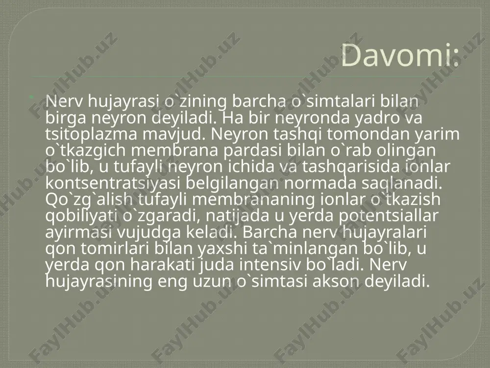 i olish mumkin. nerv markazlarining fiziologik xususiyati birmuncha kengroq tushuncha bo`lib, u markaziy nerv sistemasining turli qismlarini o`z ichiga oladi. masalan ovqatlanish refleksini olib qaraganda, uning yuz berishi uchun turli tuman markazlar, bezlar va boshqa organlar ishga tushishi kerak. 5. vegetativ nerv tizimi. orqa miya va bosh miyaning turli qismlaridan ikki xil markazdan qochma nerv tolalari chiqadi. shundan birinchisi orqa miyaning oldingi shoxlarida joylashgan harakat neyronlaridan chiqib uzilmasdan ko`ndalang targ`il muskullargacha boradi. ikkinchi esa orqa miyaning yosh shoxchalaridan chiqadi va effektorlarga borguncha maxsus nerv ganglyalarda uzilib tugun hosil qiladi. mana shu ikkinchi guruppaga kiruvchi nerv sistemasi vegetativ nerv sistemasi deyiladi. davomi: vegetativ nerv tizimi o`z navbatida simpatik parasimpatik nerv tizimlarga bo`linadi. simpatik nerv sistemasi orqa miyaning bir-ikki ko`krak sigmentidan boshlanib uch-to`rt bel sigmentigacha davom etadi. parasimpatik nerv sistemasi orqa miyaning ikki-uch dumg`aza sigmetlaridan va o`rta hamda uzunchoq miya markazlaridan chiqadi. simpatik nerv tolalari umurtqa pog`onasiga yaqin joyda (chegara, simpatik stvol) …