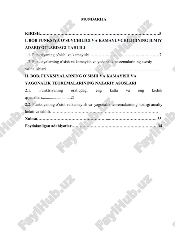 tsiyaning ekstremali deyiladi. ekstremumning zaruriy sharti. differentsiallanuvchi 𝑦 = 𝑓(𝑥) funktsiya biror 𝑥0nuqtada ekstremumga ega bo’lsa, u holda funktsiyaning shu nuqtadagi hosilasi 𝑓 ′ 𝑥0 = 0 teng. ekstremumning birinchi yetarli sharti. 𝑦 = 𝑓(𝑥) funktsiya 𝑥0 kritik nuqtani o’zida saqlovchi biror oraliqda uzluksiz va differentsiallanuvchi bo’lsin. u holda, agar: 1) 𝑥 0 va 𝑥 > 𝑥0 da 𝑓 ′ 𝑥 𝑥0 da 𝑓 ′ 𝑥 > 0 bo’lsa funktsiya 𝑥0 nuqtada minimumga erishadi. ekstremumning ikkinchi yetarli sharti. faraz qilaylik 𝑦 = 𝑓(𝑥) funktsiyaning 𝑥0 nuqtadagi hosilasi nolga teng bo’lsin, ya’ni 𝑓 ′ 𝑥0 = 0. bundan tashqari funktsiya ikkinchi tartibli hosilaga 𝑓 ′′ 𝑥 ega bo’lsin. u holda agar: 1) 𝑓 ′′ 𝑥0 > 0 bo’lsa, funktsiya 𝑥0 nuqtada minimumga ega bo’ladi. 2) 𝑓 ′′ 𝑥0 f(x2) bo'lsa, funksiya qattiq kamayuvchi deb ataladi. funksiyaning o’sishi va kamayishini aniqlash funksiyaning o'sishi yoki kamayishini tekshirish uchun ko'pincha uning hosilasidan foydalaniladi. · …