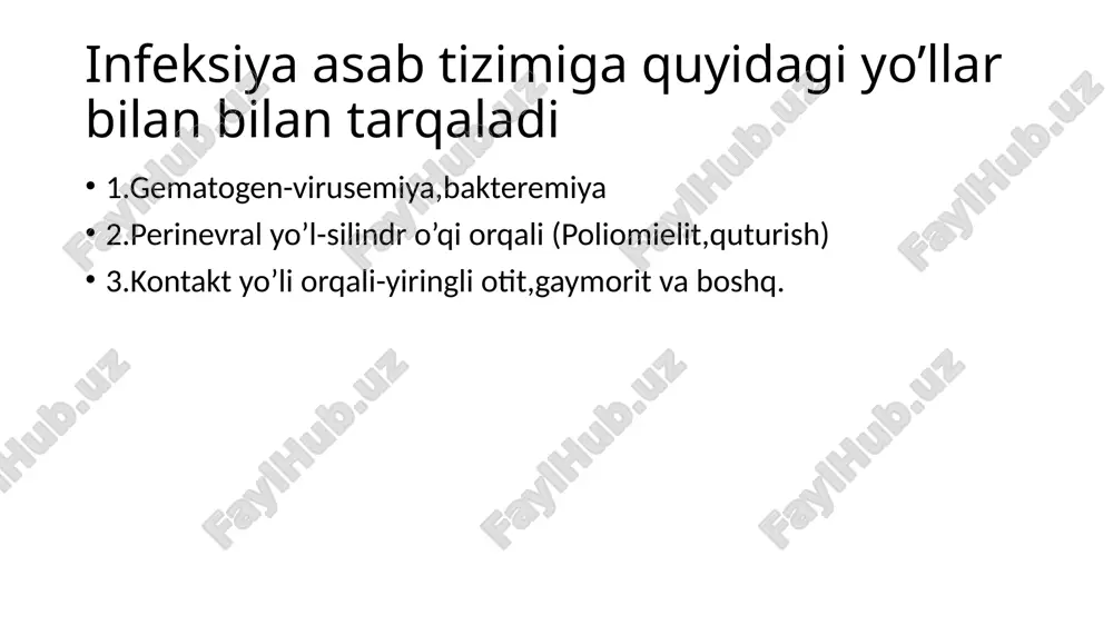 degeneratsiyasi bilan bog‘liq. bemor boshini qo‘li bilan iyagidan ushlab ko‘tarib yuradi. bulbar simptomlar, ya’ni disfagiya, disfoniya va dizartriya paydo bo‘ladi. ammo ular yaqqol ifodalangan bo‘lmaydi. klinika kasallik boshlanganidan 1 hafta o‘tgach, tana harorati pasaya boshlaydi. meningeal simptomlar orqaga chekinadi va og‘riqlar kamayadi. kasallik yengil kechgan hollarda periferik falajlik belgilari kamayib, harakat funksiyalari butunlay tiklanadi. kasallik og‘ir kechgan hollarda bo‘yin va yelka muskullarida umrbod atrofik falajliklar saqlanib qoladi. biroq harakat funksiyalarining faol tiklanish davri bir yilgacha davom etishini esda tutish lozim. tashxis epid anamnez-bemorning endemik o‘choqlarda bo‘lganligiga va xom sut iste’mol qilgan-qilmaganligiga e’tibor qaratiladi. shuningdek, kana ensefalitiga xos klinik simptomlarga e’tibor qilinadi. bemorning teri qoplamlari, ayniqsa, bo‘yin va qo‘ltiqosti sohalari tekshirib laborator tekshiruvlardan qon va likvor analizlari o‘tkaziladi. kasallikning o‘tkir davrida likvor bosimi ko‘tariladi, limfositar pleositoz paydo bo‘ladi va oqsil miqdori 1,0 g/l dan oshadi. qonda yallig‘lanish reaksiyalari aniqlanadi, ya’ni echt oshadi va leykositoz kuzatiladi. serologik tekshiruvlar kasallm ik etiologiyasini aniqlashga …