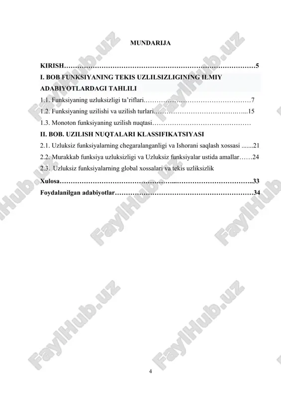 ular mos ravishda va kabi belgilanadi: , unda funksiya uzluksizligining 1-ta’rifidagi (1) munosabat ushbu (2) ko‘rinishga keladi. demak, (2) munosabatni funksiyaning nuqtada uzluksizligi ta’rifi sifatida qarash mumkin. aytaylik, funksiya to‘plamda berilgan bo‘lib, nuqta to‘plamning o‘ng (chap) limit nuqtasi bo‘lsin. 4-ta’rif. ([1], p. 231, def. 9.5.1) agar bo‘lsa, funksiya nuqtada o‘ngdan (chapdan) uzluksiz deyiladi. demak, funksiya nuqtada o‘ngdan (chapdan) uzluksiz bo‘lganda funksiyaning o‘ng (chap) limiti uning nuqtadagi qiymatiga teng bo‘ladi: . keltirilgan ta’riflardan, funksiya nuqtada ham o‘ngdan, ham chapdan bir vaqtda uzluksiz bo‘lsa, funksiya shu nuqtada uzluksiz bo‘lishini topamiz. umuman, funksiyaning nuqtada uzluksiz bo‘lishi, berilganda ham unga ko‘ra shunday topilib, bo‘lishini bildiradi. 5-ta’rif. ([2], p. 80, def. 3.19) agar funksiya to‘plamning har bir nuqtasida uzluksiz bo‘lsa, funksiya to‘plamda uzluksiz deyiladi. 6-ta’rif. to‘plamda uzluksiz bo‘lgan funksiyalardan iborat to‘plam uzluksiz funksiyalar to‘plami deyiladi va kabi belgilanadi. masalan, bo‘lishi, funksiyaning segmentining har bir nuqtasida uzluksiz, ya’ni funksiya intervalning har bir nuqtasida uzluksiz, nuqtada o‘ngdan, …