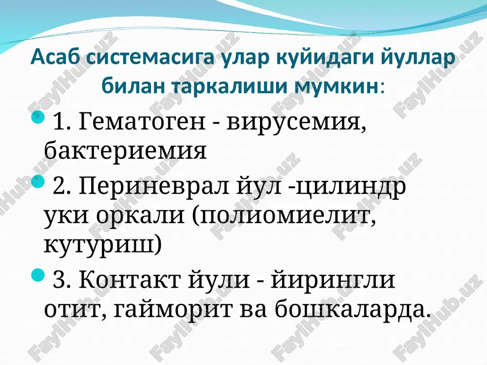 n mielitlar mishyak va uning birik-malari, geksoxloran, ddt, alkogol bilan zaxarlanish tufayli kelib chikadi. tarqalishiga qarab diffuz chegaralangan ko'p o'choqli ko'pincha orqa miyaning bo'yin qismi ko'krak qismi bo'yin – ko'krak qismi patogenezi infektsiya gematogen disseminatsiya autoallergik fon o'tkir mielit klinikasi ikki gurux simptomlar kuzatiladi: umuminfektsion nevrologik nevrologik simptomlar o'tkazuvchi: markaziy tetra yoki paraparez; tetra- yoki paraanesteziya; tetra- yoki para- sensitiv ataksiya; trofik buzilishlar (yotoq yaralar); toz a'zolari funktsiyasining buzilishi; segmentar o'zgarishlar: dissotsiatsiyalashgan tsirkulyar gipesteziya, ildizchali og'riqlar likvorologik o'zgarishlar: xujayra- oqsil dissotsiatsiyasi. davolash: keng spektrdagi antibiotiklar katta dozalarda glyukoza 40% - 20,0 urotropin bilan (40% - 10,0) dezintoksikatsion tadbirlar -reosorbilakt, 5% glyukoza eritmasi fiziologik eritma vitaminlar v1, v6, v12 steroid gormonlar. aktg antixolinesteraz preparatlar (galantamin, prozerin) o'tkir mielit asoratlari : urogenital sepsis yotoq yaralar oqibatida kelib chiqqan sepsis ko'tariluvchi mielit: diafragmal nerv falaji va bulbar sindromi bilan poliomielit (bolalar spinal falaji, paralysis spinalis infantilis) poliomielit virus etiologiyali o'tkir infektsion kasallik, orqa …