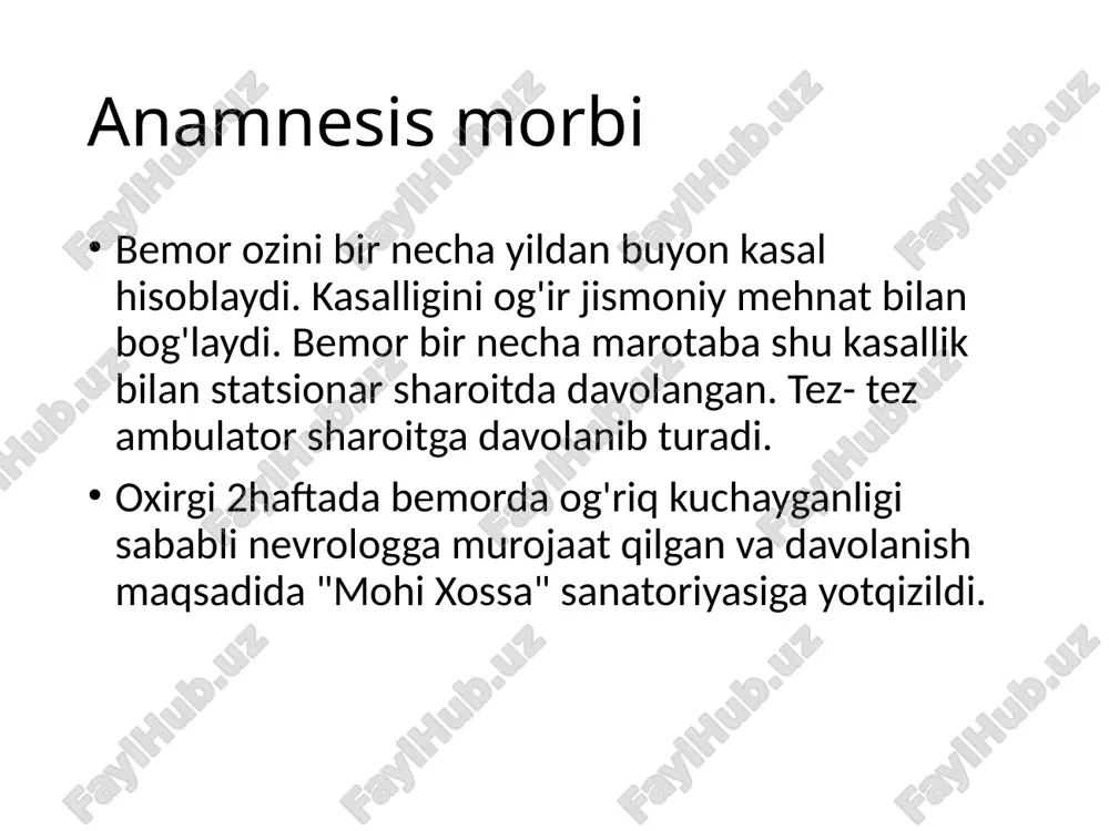 l. toroksii 200ml n=3 d.s. kuniga 1mahal kunning birinchi yarmida vena ichiga sekin jo'natilsin. # 3) rp.: sol. medocalmii 1ml n=10 d.s. kuniga 1mldan, ertalab va kechqurun m/o yuborilsin. # 4) rp.: sol. vitaminii b12 1ml n=10 d.s . 2mldan , natriy xlorid 0.9%li 100ml eritmasiga qo'shib, vena ichiga yuborilsin. tavsiya og'ir jismoniy mehmat bilan shug'ullanmaslik; yengil jismoniy mashqlar bajarish; massaj olib turish; nevropatolog va travmatolog ko'rigidan o'tib turish. image1.jpeg