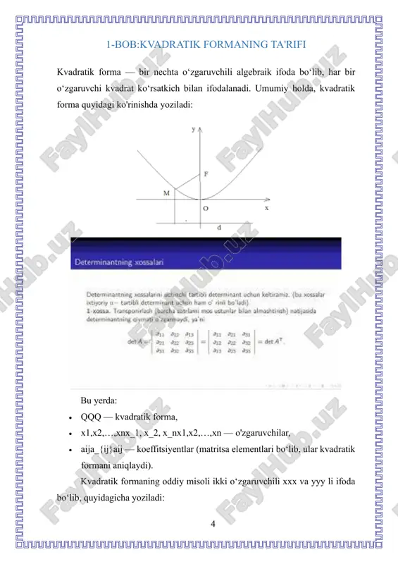nn-o'lchamli kvadratik forma quyidagicha beriladi: bu ko'rinishda kvadratik forma ifodasini matritsa amallari yordamida soddalashtirish va uning xossalarini o'rganish osonroq bo'ladi. diagonalizatsiya diagonalizatsiya — bu matritsa bilan ifodalangan kvadratik formani diagonal shaklga o'tkazish jarayoni bo'lib, bunda kvadratik forma o'zining asosiy komponentlariga ajratiladi. diagonalizatsiya yordamida kvadratik formani quyidagi ko'rinishda yozish mumkin: bu yerda λi\lambda_iλi — matritsaning o'z qiymatlari va yiy_iyi — o'z vektorlar bilan o'lchangan yangi o'zgaruvchilar. diagonalizatsiya usuli 1. o‘z qiymat va o‘z vektorlarni topish: matritsa aaa uchun o‘z qiymatlar λi\lambda_iλi va ularga mos keluvchi o‘z vektorlar aniqlanadi. o‘z qiymatlar matritsa ko'rsatkichlariga va uning qatorlar o'zgarishiga bog'liq bo'ladi. 2. o'zgaruvchilarni almashtirish: o‘z vektorlar yordamida dastlabki o‘zgaruvchilar yangi o'zgaruvchilar tizimiga o'tkaziladi. bu orqali kvadratik forma yangi ko'rinishda ifodalanadi, bunda faqat kvadratik koeffitsiyentlar saqlanib qoladi. 9 3. diagonal shaklga o'tkazish: olingan yangi ko'rinishda kvadratik forma faqat diagonal elementlardan iborat bo‘ladi, ya'ni diagonal elementlar λi\lambda_iλi-larga mos keladi. bu jarayon orqali kvadratik formani yanada soddalashtirish, …