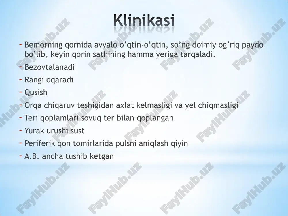 kaziy kismida oval shakldagi past exogenli (limfa tuguni) struktura aniklanadi., invaginatning markaziy kismlarida tomirlar rasmi aniklanmaydi, ya'ni ichak xayotiyligi tastiklanmaydi. invaginatsiya konservativ davosida ishlatiladigan moslama *manometrik sinamaning optimal bosim darajasi 50-100 sm3/kg 1. ichak ichiga yuborilayotgan xavo mikdori 50- 100 sm3/kg 1. 1 yoshgacha -- 40-70 mm sim.ust 2. 1-3 yoshgacha– 70-90mm sim.ust 3. 3 yoshdan kattalarda– 90-120 mm sim.ust 5 -25 dakika muolajani davom ettirish lozim *ichak invaginatsiyasini konservativ davolashga karshi kursatmalar: kuzatuvimizdagi ichak invaginatsiyasi bilan tashxislangan 23(76,6%)ta bemorlar operativ davolanib, unga kursatmalar : 1. birlamchi zvenoda bemorlarga noto'gri tashxis kuyish va noprofil shifoxonalarga yuborish okibatida ogir axvolda xirurgiya bulimiga kech yotkizish; 2. 1 yoshdan katta bulgan bolalardagi ichak invaginatsiyasi; 3. bemorni kuruv vaktida invaginat tugilishi kuzatilganda; dezinvaginatsiya dezinvaginatsiya operatsiyasi etaplari