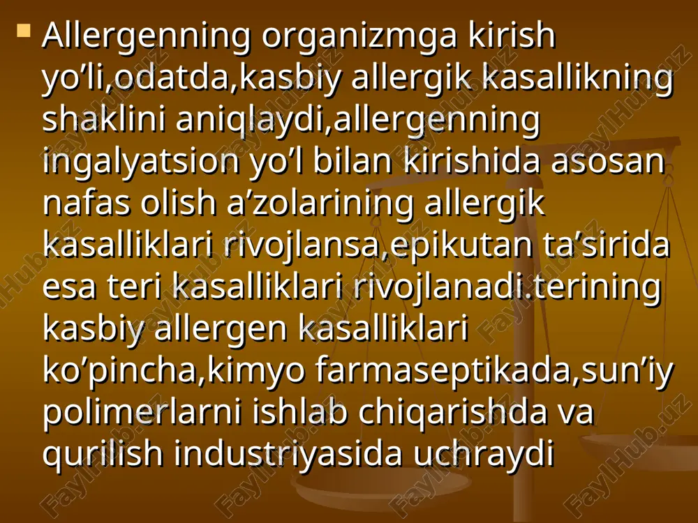 rsezgir pnevmonit chorvachilik va parandachilik parandachilik va chorvachilik fermalarining operatori, yordamchi personal em ozuqalarini ish lab chiqarish operatorlar, tarozibonlar va boshqalar tamaki ishlab chiqarish tamaki barglarini ajratuvchilar, sigaret va papiros mashinalarining mashinistlari va boshqalar changli bronxitning diagnostik kriteriyalari chang bilan ishlagan ish staji ish sharoitining sanitar gigienik tavsifnomasi ishga kirishdan oldin o'tkaziladigan dastlabki tibbiy ko'rik natijasi 4. kasallikning ilk belgilarini boshlanish vaqti 5. kasallikga xos klinik belgilar 6. rentgenologik – laborator natijalari v.x. ish sharoitining sanitar- gigienik tavsifnomasini o'rganish: allergenlarning ta'siri borligini aniqlash. 2. kasallikning rivojlanishida yashirin (latent) davrining mavjudligi va uning inson organizmining reaktiv xususiyatlari bilan bog'liq bo'lishi. 3. bronxial astmaning kasbiy allergen ta'sirida rivojlanishi. 4. birinchi bo'g'ilish xurujlarining ish jarayonida kuzatilishi – ekspozitsiya simptomi. kasbiy bronxial astmaning diagnostik belgilari 5. ishdan tashqari vaqtlarda (dam olish kunlari, mexnat ta'tili va boshqalar) o'g'ilish xurujining kuzatilmasligi – eliminatsiya simptomi. 6. kasbiy allergenning ta'siri davom ettirilganida bo'g'ilish xurujining qaytalanishi - reekspozitsiya effekti …