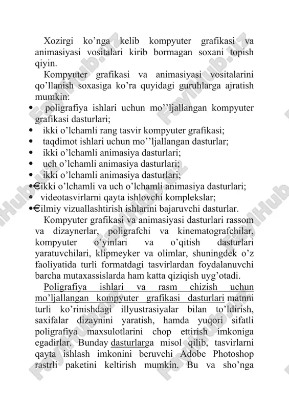 ti multimedia vositalarini yanada to’liq ishlatishga mo’’ljallangan. bu dasturlar video a tovushli fayllarni qulay o’zatish (improt qilish), diagrammalarda annimasiya vositalaridan keng foydalanish imkonini beradi . yangi turdagi taqdimot dasturlar katoriga makromedia firmasining action hamda gold disk firmasining astound dasturlar paketi (tuplami) kiradi. power point dasturi ms office dasturlar to’plami tarkibiga kiradi. undan foydalanish oson, qulay. dasturda o’rgatuvchi o’quv dasturi, tayyor taqdimot namunalari, matn bilan ishlash vositalari, boshlovchilar uchun foydali yordam tizimi mavjud . power point dasturida ichki multimedia vositalari bo’lmasada, bu vositalarni ole-2(object linking and embedding) texnologiyasi yordamida kengaytirish va to’ldirish mumkin. astound dasturi( paketi) yangi taqdimot dasturlari ichida eng yaxshilaridandir. u ishlatilishi soddaligi bilan ajralib turadi. tovushli kliplar, harakatli tasvirlar va multimedianing boshqa elementlaridan bir vaqtning o’zida baravar (sinxron) ishlatishga imkon beradi. taqdimot dasturlari ichidan os/2 va macintosh muxitida ishlovchi komponovka (ihchamlashtirish, birlashtirish) va dizayn vositalariga ega adobe persuasion dasturini, windows muxitida ishlovchi kuchli rasm chizish vositalari qulay boshqaruvga …