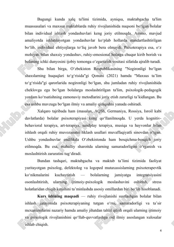 uhiy rivojlanishi sustlashgan bolalarning psixologik xususiyatlarini aniqlash; 2. bunday bolalarda uchraydigan asosiy psixologik muammolarni tahlil qilish; 3. psixoterapiyaning nazariy asoslari va yo‘nalishlarini o‘rganish; 4. turli psixoterapevtik yondashuvlarning ruhiy rivojlanishga ta’sirini tahlil qilish; 5. amaliyotda samarali qo‘llanilayotgan psixoterapiya usullarini aniqlash va ularni tavsiflash; 6. ilmiy tavsiyalarga asoslangan holda ruhiy rivojlanishi sustlashgan bolalar bilan ishlash bo‘yicha takliflar ishlab chiqish. kurs ishining obyekti – ruhiy rivojlanishi sustlashgan bolalar bilan olib boriladigan psixologik-pedagogik faoliyat. kurs ishining predmeti – ruhiy rivojlanishi sustlashgan bolalar bilan olib boriladigan psixoterapevtik faoliyatda qo‘llanilayotgan yondashuv va metodlarning psixologik ta’sir mexanizmlarini o‘rganish, ularning individual xususiyatlari, emotsional va kommunikativ rivojlanishiga qanday ijobiy o‘zgarishlar kiritishini aniqlashdan iborat. bu predmet, ayniqsa, bola shaxsini mustahkamlash, uning ijtimoiy muhitga moslashuvini yengillashtirish va o‘ziga bo‘lgan ishonchni shakllantirish bilan bevosita bog‘liqdir. psixoterapiya faqat ruhiy muvozanatni tiklash bilan cheklanmay, balki bolaning ichki salohiyatini ochib berishda ham muhim rol o‘ynaydi. kurs ishining ilmiy farazi – agar ruhiy rivojlanishi sustlashgan bolalar …