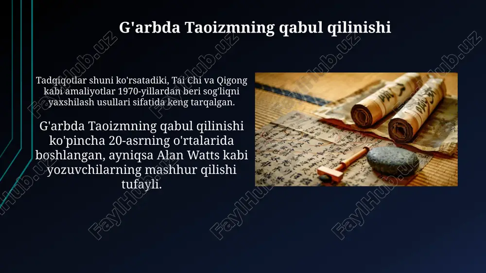 masalan, onlayn meditatsiya va virtual seminarlar orqali ushbu falsafani o'rganishi bilan bog'liq. 21-asrda taoizmning kelajagi sharq va g'arb madaniyatlarining integratsiyasi bilan bog'liq, bu yangi taoizm amaliyotlarini shakllantiradi, ularda hamkorlik muhim rol o'ynaydi. global miqyosda taoizmning tarqalishi taoizm xx asrning oxirida g'arbda mashhur bo'la boshladi, ayniqsa 'tao te ching' kabi asarlar yuz minglab nusxalarda sotilishi bunga misol bo'la oladi. ko'plab mamlakatlarda taoizm markazlari va tashkilotlari mavjud, masalan, aqshda 50 dan ortiq taoizmga bag'ishlangan guruhlar faoliyat yuritadi, bu esa tarqalish darajasini ko'rsatadi. e'tiboringiz uchun rahmat @slaydtayor_bot image2.jpg image3.jpg image4.jpg image5.jpg image6.jpg image7.jpg image8.jpg image9.jpg image10.jpg image11.jpg image12.jpg image13.jpg image14.jpg image15.jpg image16.jpg image17.jpg image18.jpg