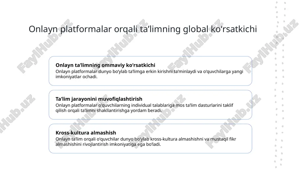 lsource kabilari interaktiv darsliklarning jahon bozoridagi eng yirik sotuvchilari hisoblanadi. onlayn platformalar: oʻquvchilarning oʻzlashtirish usullari oʻquvchilarning online platformalardan foydalanish online platformalar oʻquvchilarga interaktiv darslar, elektron darsliklar va amaliy mashgʻulotlar orqali oʻqish imkoniyatini beradi. oʻquvchilar uchun onlayn oʻquv kurslari onlayn oʻquv kurslari oʻquvchilarga shaxsiy rejalashtirilgan darslar orqali oʻqish va oʻzlashtirish imkoniyatini yaratadi. oʻquvchilarning onlayn platformalar orqali muloqot onlayn platformalar oʻquvchilarga global jamoalarni oʻzlashtirish, masala muhokamalari olib borish va koʻp tili muloqotlarini oʻrganish imkoniyatini beradi. taʼlimning global oʻzlashtirishiga yoʻl qoʻyish: onlayn platformalar va ularning oʻrni 1 taʼlimning global oʻzlashtirishiga onlayn platformalar dunyodagi taʼlimning oʻzlashtirishiga yordam beradi, oʻquvchilarga global bilimlar bilan taʼminlashda muhim ahamiyatga ega. 2 onlayn platformalar va ularning oʻrni onlayn platformalar masofaviy taʼlimning rivojlanishiga katta taʼsir koʻrsatadi, oʻquvchilarga dunyodagi boshqa oʻquvchilar bilan aloqalar oʻrnatish imkoniyatini yaratadi. 3 taʼlimning global tarqalganligi internet va onlayn platformalar orqali taʼlim, oʻquvchilarga global taʼlim tajribasiga ega boʻlish, turli mamlakatlardagi oʻquvchilar bilan oʻzaro munosabatlar oʻrnatishga imkon beradi. …
