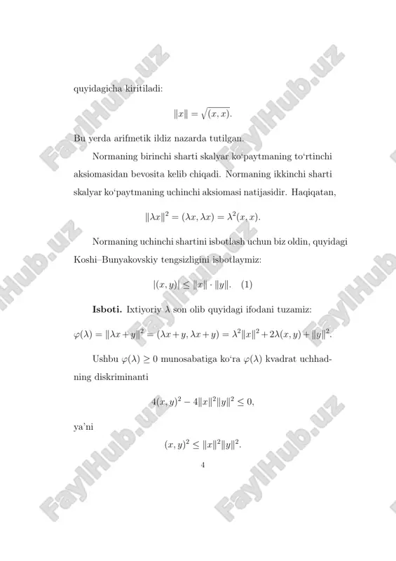 ravishda x va u ga yaqinlashuvchi ketma-ketliklar bo‘lsin. agar (xn, yn) conli ketma-ketlikni qarasak, ushbu |(xn, yn)− (xm, ym)| ≤ |(xn, yn)− (xn, ym)|+ |(xn, ym)− (xm, ym)| tengsizlikdan {(xn, yn)} ketma-ketlikning fundamental ketma- ketlik ekanligi kelib chiqadi. demak, limn→∞(xn, yn) mavjud. bu limit {xn}, {yn} ketma-ketliklarga emas, balki faqat x va y elementlarigagina bog‘liqligi bevosita tekshiriladi. 7 endi ê da skalyar ko‘paytmani aniqlaymiz: (x, y) = lim n→∞(xn, yn). bu ifodaning skalyar ko‘paytma ekanligi e dagi skalyar ko‘paytma ta’rifining 1-4 shartlarida limitga o‘tish natijasida ke- lib chiqadi. masalan, 1-shart (x, y) = lim n→∞(xn, yn) = lim n→∞(yn, xn) = (y, x). shunga o‘xshash lim n→∞(xn, xn) = (x, x). demak, ê evklid fazosi ekan. ta’rif. cheksiz o‘lchamli to‘la evklid fazosi gilbert fazosi deyiladi. 2-teorema. banax fazosi gilbert fazosi bo‘lishi uchun undagi norma, ixtiyoriy x, y uchun ∥x+ y∥2 + ∥x− y∥2 = 2∥x∥2 + 2∥y∥2 shartni qanoatlantirishi zarur …