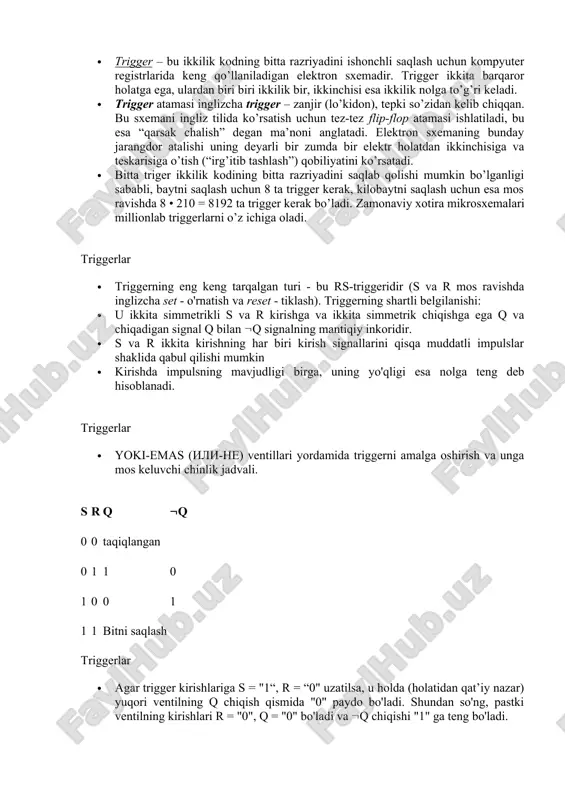 analog darajada bufer ishlab chiqilayotgan qurilmaning normal ishlashi uchun zarur bo’lgan xususiyatlarni taqdim etishi mumkin. bufer, masalan, elektrodvigatekga katta tokni o’tkazish yoki signalni bir vaqtning o’zida bir nechta mantiqiy elementlarga tez uzatish uchun kerak. bu, agar biz ushbu tizimni to’liq tushunishni istasak, har qanday tizimni bir necha darajadagi abstraktsiyadan ko’rib chiqish zarurligini isbotloshga yana bir misol. buferni faqat abstraktsiyaning raqamli darajasi pozitsiyasidan ko’rib chiqish, uning haqiqiy funksiyasini aniqlashga imkon bermaydi. va mantiqiy ventili ikkita kirish signallga ega bo'lgan mantiqiy ventillar emas ventili va buferga qaraganda ancha qiziqroq. rasmda ko’rsatilgan va (and gate) ventili, faqat a va b kirishlari chin bo’lsagina, y qiymati chin qiymatni chiqaradi. qolgan barcha hollarda, chiqish signali y yolg’on qiymatga ega bo’ladi. va mantiqiy elementi uchun bul mantig’i bir necha usul bilan yozilishi mumkin: y = a • b, y = ab yoki y = a ∩ b. yoki mantiqiy ventili rasmda keltirilgan yoki ventili, agar a …