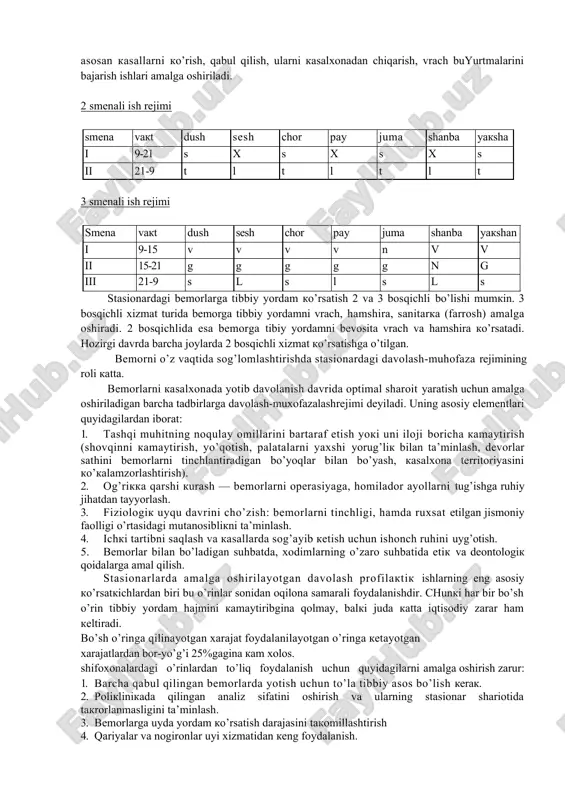 riya – epidemiologik ishlarni boshqaradi va tibbiy yordamning sifatiga javob beradi. tashxislash, davolash va bemorlarni parvarishlashning sifatini nazorat qiladi. davolash - profilaktik tadbirlarning samaradorligini nazorat qiladi va har – bir o’limning sababini tahlil etadi. parhez ovqatlanish va jismoniy madaniyatni to’g’ri tashkil etishni ta’minlaydi, bemorlarga konsultativ yordamni tashkil etadi va boshqalar. kasalxonaga bemorlar bir necha yo’llar orqali yotkizilishi mumkin: poliklinika yo’llanmasi bilan, tez yordam orqali, bemorning bevosita murojati, boshqa shifoxona yo’lanmasi bilan. kasalxonaning asosiy bo’limlaridan biri qabul bo’limi xisoblanadi, qabul bo’limi tarkibiga: 1. ro’yxatxona 1. navbatchi vrach xonasi 1. tez va shoshilinch yordam ko’rsatish xonasi 1. bemorlarni ko’rish xonasi 1. sanitariya-gigiena xonasi (sanpropusnik) va boshqalar kiradi. ko’pgina yirik shahar shifoxonasi qabul bo’limida terapevt, xirurg, nevrapatolog, lor va boshqa vrachlar hamda ekspress laboratoriya uchun alohida xona ajratilgan bo’ladi. qabul bo’limida tashxisi aniq bo’lmagan bemorlar uchun ikki-uch o’rinli xona bo’lishi kerak. qabul bo’limining asosiy vazifalari: 1. kasallarni qabul qilish. 2 kasallarni yotkazishni hal …