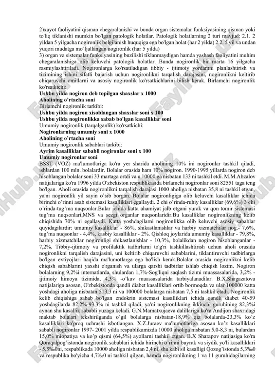 sh tartib qoidalari bilan tanishtiradilar, so’ngra masalalami muxokama qiladilar. xaar bir talaba boshqalar ishlagan masalalami va vaziyatni kanday xal etilganligini baholash xuquqiga egadirlar. talabalarga ijtimoiy sug'urta ahamiyati, jumladan bolalar va ayollami salomatligini muxofaza qilishda ijtimoiy ta’minot imtiyozlari tushuntiriladi. o'qituvchi talabalarga bemor bolalar aks etgan vaziyatli masalalar topshiradi. talabadan bu masalani xal qilishi va kasallik varaqasini berish tartibini aniqlashi talab etiladi. o'qituvchi xar bir talaba bajargan masalani va tuldirilgan kasallik varaqasini tekshirib muxokama qiladi va natijalarga asosan qo'llanillaydi vrachlik mehnat ekspertizasini tashkillashtirishda talabalar quyidagi tibbiy xujjatlar bilan tanishib chiqadilar: 1. tibbiy xujjatlar: - kasallik varaqasi - kasallik varaqasini qayd qilish jumali - 036/u - bolani parvarish qilish uchun vaqtinchalik ish faoliyatidan ozod qilish xaqida ma'lumotnoma- 138/u - vmk xulosalarini qayd qilish jurnali- 035/u - vmk ga yullanma - 088/u 2. hisobot xujjatlari: - vaqtinchalik mehnat qobiliyatini yo'qotishga sabab kasalliklar xaqidagi hisobot -№21 (yillik) va№ 21-t (kvartal) forma talabalar mustaqil ravishda quyidagi …