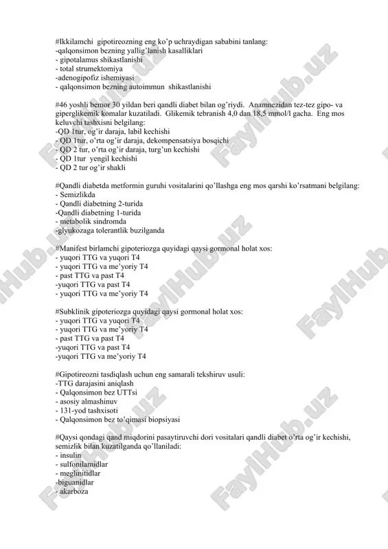 deksi -broka indeksi #autoimmun treoiditni tasdiqlash uchun eng samarali tekshiruv usuli: : -tpoga antitanalarni aniqlash - ttg darajasini aniqlash - qalqonsimon bez uttsi - asosiy almashinuv - ttg retseptorlariga antitanalarni aniqlash #tireotoksikozga xos shikoyatni belgilang: - qabziyat -ortiqcha vazn -shish -yurak urib ketishi -soch to’kilishi #qaysi kasallikda android tipdagi semizlik kuzatiladi: -akromegaliyada - nanizmda -konn sindromida -gipotireozda -kushing kasalligida #alimentar semizlikda qaysi preparatni qo’llash maqsadga muvofiq emas: -sibutramin -orlistat -metformin -glyukokortikoidlar -orlip #qandli diabetning 1-turi rivojlanishidagi xavf omilini tanlang: -virusli infeksiya -semizlik -arterial gipertenziya -og’ir o’tgan akusherlik anamnezi -stress #qandli diabetning 2-turi rivojlanishidagi xavf omilini tanlang: - virusli infeksiya -semizlik -betta hujayralarning autoimmune destruksiyasi -kaxeksiya -homiladorlik #qaysi to’qima kalsiy deposi hisoblanadi? -mushak to’qimasi -qon -jigar -suyak to’qimasi - biriktiruvchi to’qima #qaysi vitamin ichakdan kalsiy o’zlashtirilishini ta’minlaydi? -s -a -e -d -v #ortiqcha vazn (semizlik) bilan kechuvchi kasallikni belgilang: -kushing sindromi -tireotoksikoz -gigantizm -konn sindromi -gipopituitarizm #vazn yeishmovchiligi bilan kechuvchi kasallikni …