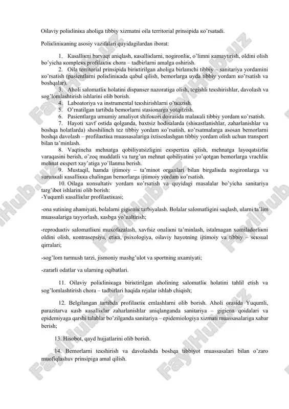 ashkil etadi, bo’limlarga rahbar xodimlar zaxirasini yaratadi, kun tartibini belgilaydi, xodimlarning ish grafigini tasdiqlaydi va boshqalar. bosh vrach tajribali, malakali, tashkilotchilik xususiyatlariga ega bo’lgan vrachlardan o’ziga birinchi muovin tanlaydi. bosh vrach bo’lmagan davrda u bosh vrachning majburiyatlarini bajaradi. u muassasaning jami davolash – profilatik faoliyatiga javobgar hisoblanadi. shu maqsadda bosh vrachning davolash ishlari bo’yicha o’rinbosari bemorlarni o’z vaqtida poliklinikada qabulda va uyda to’g’ri sifatli tekshirish va davolashni tashkil etadi va nazorat qiladi; yangi tashkiliy usullar va tibbiyot muassasalarining ilg’or ish tajribalarini bemorlarni tashxislash, davolash va kasalliklar profilaktikasining zamonaviy samarali usullarini poliklinika faoliyatiga tadbiq etadi. u poliklinika bilan stasionar o’rtasida bemorlarni tekshirish va davolash bo’yicha o’zaro o’zviylikni, bog’liqlikni ta’minlaydi, bemorlarni lozim bo’lganda stasionarga yotqizishni tashkil etadi, barcha profilaktik ishlarga rahbarlik qiladi, tibbiyot xodimlarining malakasini oshirish rejasini bajarilishini ta’minlaydi. davolash nazorat komissiyasining ishini tashkil etadi, hay’at bilan birgalikda tashxislar tafovuti, vrachlik xatosi va davolash – tasxislash ishlari holatini muhokama qiladi; tibbiyot statistikasi …