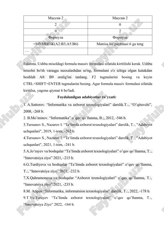 mga ega bo’lishlariga olib keladi. t alabalarining matematik bilimlarni axboro t texnologiyalar bilan birgalikda qo’llash malakasi uning puxta bilimga ega bo’lishida asosiy omillardan biri hisoblanadi. kalit so’zlar: satr, ustun, yacheyka, jadval, sonlar, arifmetik ifodalar, ketma - ketlik, sintaksis, format, funksiya toifasi, funksiy a, mumnoj , funksiya argumenti, berilganlar, tugmalar majmuasi, massiv, ma’lumotlar, xato, natija. hisoblash vositalari, amaliy dasturlar, kompyuter tarmoqlari, o’rgatuvchi va maxsus amaliy dasturlar, jumladan matematik paketlarning keng imkoniyatlari matematikani o’qitishda axborot texnologiyalarining qo’llanilishini ta’minlashga asos bo’ladi. matematik paketlarning kamida bittasidan foydalanish ko’nikmasiga ega bo’lish, matematik texnikalarini to’liq egallamagan bo’lajak mutaxassisga mustaqil ravishda katta hajmdagi hisoblashlarni bajarish va murakkab amaliy masalalarini yechish imkonini yaratadi. microroft excel dasturida funksiyaning matemetikaviy toifasidan foydalanish qo’l keladi. jumladan, microsoft excel dasturi ishga tushirilib, funksiyaning mul oqot oynasi chaqirilib, matematikaviy toifasida mavjud bo’lgan, mumnoj funksiyasi bilan tanishamiz. mumnoj (peremnojenie dvux matrits) - ikkita matritsani ko'paytirish . ushbu funksiya ikki argumentli funksiya hisoblanadi. /docprops/thumbnail.emf microsoft …