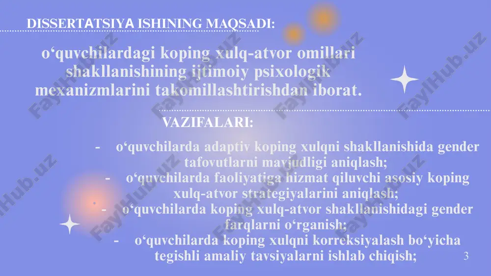 xshilaydi. oxir-oqibat, puxta nazariy asos tadqiqotlarni qo‘llab-quvvatlaydi va talabalarning chidamliligini oshirishga qaratilgan aniq tadbirlarni yaratishga yordam beradi. koping usullarini baholash talabalarning chidamliligi va hissiy salomatligini oshirishda qanchalik yaxshi ishlashini bilish uchun muhimdir. tadqiqotlar shuni ko‘rsatadiki, ongni o‘rgatish kabi usullar o‘smirlarning hissiy salomatligida katta farq qilishi mumkin, bu esa ushbu usullarni jins kabi turli demografik guruhlarga moslashtirish muhimligini ko‘rsatadi[1]. bundan tashqari, ushbu usullarning ishlash usullari, masalan, ko‘nikmali topshiriqlar paytida ko‘z harakatlari namunalari ekspert natijalari bilan qanday bog‘langanligi shuni ko‘rsatadiki, ba’zi koping strategiyalari ko‘pincha maktab va sportda yaxshi natijalarga bog‘liq. tadqiqotchilar koping usullariga ham psixologik, ham jismoniy reaksiyalarni ko‘rib chiqish orqali turli talabalar guruhlari uchun eng yaxshi usullarni aniqlashlari mumkin. ushbu batafsil yondashuv ushbu usullardan to‘g‘ri foydalanishga yordam beradi va talabalarda koping xulq-atvorning murakkab jihatlarini tushunishga yordam beradi, bu esa kelajakda o‘qish va real hayotda foydalanishga olib kelishi mumkin. 7 tadqiqot metodikalari va respondentlar haqida umumiy ma’lumot iii-bob. o‘quvchilarda koping xulq-atvor omillari …