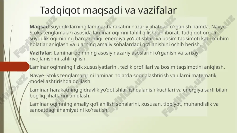 adi. har xil koordinatalarda ularning yechimlari aniqlanadi. bu tenglamalar yordamida oqimlar matematik jihatdan tavsiflanadi. ayniqsa, bir o‘lchovli va stasionar holatlar uchun aniq formulalar olinadi. tadqiqotda bu tenglamalar orqali laminar oqim keltirilgan. -suyuqlik zichligi, v- tezlik vektori, p- bosim, - qovushoqlik koeffitsiyenti, f- tashqi kuchlar (masalan,gravitatsiya) va - gradient va laplas operatorlari ushbu tenglamalar barcha real suyuqlik oqimlarini tavsuflash uchun ishlatiladi va laminar hamda turbulent oqimlarni o‘rganishga asos hisoblanadi laminar oqimda oqim tartibli bo‘lganligi sababli navye-stoks tenglamasi sezilarli darajada soddalashadi: ii. bob. navye–stoks tenglamalari va laminar oqimda qo‘llanilishi 2.1. laminar oqim va laminar holatdagi soddalashtirishlar sodda xususiy hollardan birida navye-stoks tenglamasining aniq yechimini ko‘rsataylik. buning uchun qatlamli oqish masalasini qaraymiz, bunda tezlikning faqat bitta tashkil etuvchisi noldan farqli, qolganlari nolga teng, ya’ni ux=0 ; uy=0 ; uz= uz (x, y,z,t) . agar massaviy kuchlarni hisobga olmaslik darajasida kichik desak, u holda harakat tenglamasi uzviylik tenglamasi agar siqilmaydigan suyuqlik statsionar oqishi holi …