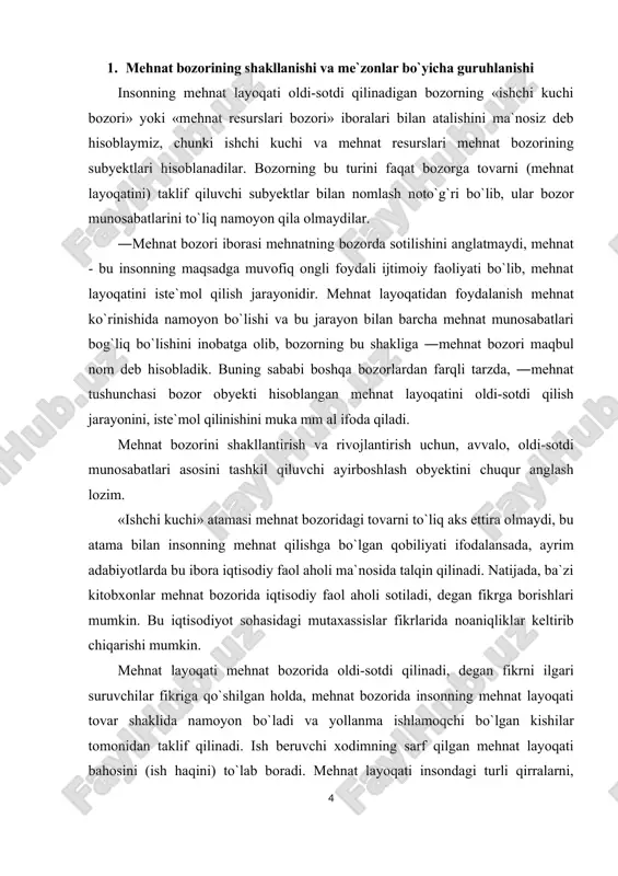pasayishiga sabab bo`ladi. 6. mehnat layoqatini boshqarish turli usul va vositalarni talab qilishi. insonning mehnat jarayoniga qatnashishi uzoq yillarni qamrab olishidan, mehnatga layoqat ham ushbu davr ichida takomillashib boradi va ishlab chiqarishdagi turli vosita va mehnat predmetlaridan farqli tarzda boshqarishning alohida usul hamda vositalarini talab qiladi. 7. mehnat layoqati sifatini foydalanmasdan aniqlay olmaslik. tovar sifatida moddiy ko`rinishga ega bo`lmaganligidan, mehnat layoqati sifatini insonning mehnat jarayoniga qatnashmasidan ilgari aniqlab bo`lmaydi. insonning malakasi, jismoniy tayyorgarligi, iqtidoriga berilgan har qanday hujjat ham mehnatga layoqat sifatini to`liq aks ettira olmaydi. mehnat bozorida mehnat layoqati oldi-sotdi munosabatlariga kirishib borishi uchun, uning egasi mehnat faoliyatiga qatnashishi uchun tayyor bo`lib, o`zi bu layoqatini sotish istagida bo`lishi va mehnat layoqatini sotib olishni istaydigan ish beruvchilar bo`lishi lozim. mehnat bozoriga doir barcha nazariyalar va qarashlar umumlashtiriladigan bo`lsa, biz uni bozor iqtisodiyotining ish kuchi taklifi hamda unga talabni aks ettiradigan o`ziga xos tuzilmasi sifatida tasa vvur qilishimiz mumkin (1-rasm). mehnat …