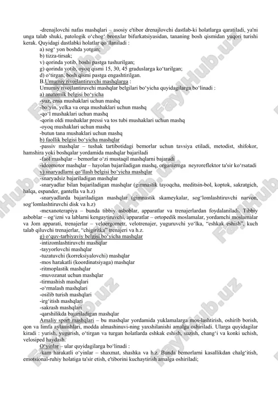 hilishi muhim bo’lib hisoblanadi. bunda periferik qon tomir qarshiligi kamayadi. shifobaxsh jismoniy tarbiyaning ta'sir mexanizmlari : 1.neyro-reflektor-gumoral ta'sir – jismoniy mashqlar nerv retsep-torlarining nospetsifik qo‘zg‘atuvchilari bo‘lib hisoblanadilar. ular nerv retseptorlariga ta'sir etib, markazga intiluvchi yo‘l orqali mnsga bora-dilar. u yerda gipofiz-gipotalyamus sistemasi orqali o‘tib, retikulyar for-matsiya va po‘stloq ostida joylashgan har xil markazlarga ta'sir etib, impulslarni o‘zgartirilgan holda markazdan qochuvchi nerv yo‘llari orqali patologik o‘chog‘iga qaytib tushadi va quyidagilarga olib keladi: -qon va limfa aylanishi yaxshilanadi; -modda almashinuv jarayoni faollashadi; -biologik aktiv moddalarning ajralishi kuchayadi; -regeneratsiya va reporatsiya jarayonlari yaxshilanadi; -to‘qima trofikasi yaxshilanadi. bunday ta'sirlar natijasida og‘riq susayadi va qoladi, yallig‘lanish holatlari kamayadi, spazmalitik ta'sirni yuzaga keltiradi. 2.kompensator (to‘ldiruvchi) ta'sir – bunda organizmdagi patologik o‘zgarishlar o‘rni to‘ldiriladi va patologik jarayonning avj olib ketishi-ning oldi olinadi. masalan : nafas organlari kasalliklarida, nafas jarayo-nida ishtirok etuvchi mushaklarga mashqlar beriladi, ya'ni diafragmaga, qovurg‘alar oralig‘iga, yelka kamariga, orqa mushaklariga. hazm organlari kasalliklarida qorin oldi …