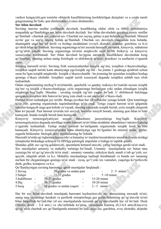 kirgizilishi mumkin, bu usul fonoforez yoki ultrafonoforez deb ataladi. masalan : butadion, gidrokartizon, dolgit va boshqa dorili mazlar. bu muolaja davolash amaliyotida juda keng qo‘llaniladi, ayniqsa hozirda keng tarqalgan bo‘g‘im kasalliklarida. ko‘rsatmalar : tayanch-harakat apparati kasalliklari (artrit, poliartrit, podagra, osteoxondroz), nerv sistemasining kasalliklari va jarohatlari, lor kasalliklari (tonzilit, vazamator renit), ko‘z kasalliklari (kon'yuktivit, keratit), ginekologik va urologik kasalliklari (salpingoofarit, prostatit), nafas olish organlari kasalliklari (bronxial astma, bronxit), stomatologik kasalliklar va h.z. lekin shu bilan bir qatorda tromboflebit, kaxeksiya, gipotoniya, qon ketishga moyillik holatlarida muolajani qo‘llash mumkin emas. baroterapiya. baroterapiya usuli yordamida barometrik bosimning 1 atmosferadan past bo‘lgan manfiy bosimi va 1 atmosferagacha bo‘lgan bosimlar bilan davolash jarayonida qo‘llaniladi. baroterapiya mahalliy va umumiy usullarda o‘tkaziladi.mahalliy yoki segmentar baroterapiya – bu manfiy (1 atmosferadan past) barometrik bosim bilan maxsus kameralar orqali tananing katta qismlariga (oyoq, qo‘l, qorin va h.z) davolash maqsadida ta'sir etishdir. uning ta'sir mexanizmi qon va to‘qima sistemalarida hosil bo‘ladigan …