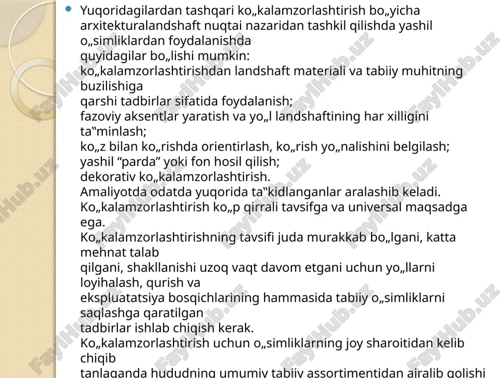 rga yetadi. tanasi tik 91 o„sadi, shoh-shabbasi piramida shaklda yoki 3-yo‘l cheti o‘yma yon qiyaligida ekilgan daraxtlar qordan himoyalovchi butazor ixota ekinlari qum ko ‘chishidan himoya qilishga misollar 5-shovqin, gaz, changdan himoyalovchi ko‘kalamzorlashtirish me‟moriy-manzarali ko‘kalamzorlashtirish hududlariga oid misollar o ‘yma yon qiyaligini ko‘kalamzorlashtirish avtomobil yo‘li chorrahalarida avtomobil yo‘lidagi aylanalarni ko‘kalamzorlashtirish avtomobil yo‘li transport yechimlarini ko‘kalamzorlashtirish avtomobil yo‘li elementlarini ko‘kalamzorlashtirish nazorat savollari: 1. avtomobil yo„llarini ko„kalamzorlashtirini maqsad va vazifalari nimalardan iborat? 2. ko„kalamzorlashtirish uchun o„simliklarni joy sharoitidan kelib chiqib tanlash qanaday amalga oshiriladi? 3. avtomobil yo„llari va yo„l inshootlarini ko„kalamzorlashtirishga qanday ishlar kiradi? 4. daraxt va butalarni o„tqazish qanday olib boriladi? 5. avtomobil yo„llarini ko„kalamzorlashtirish turlarining tasnifi nimalardani iborat? 6. nurashga qarshi kurashish uchun nimalar qilinadi? 7. o„simliklar nomini aytib bering? 8. qordan himoyalovchi ko„kalamzorlashtirish to„g„risida nimalarni bilasiz? 9. me‟moriy-manzarali ko„kalamzorlashtirish deganida nimani tushunasiz? 10. fanlar akademiyasi va o„rmon xo„jaligi davlat qo„mitasi tomonlaridan “o„zyo„lko„kalamzorlashtirish” uk ning ko„chatxonalarida ekish, ko„paytirish va iqlimlashtirish …