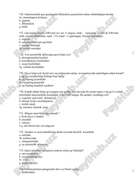 klar #b. finlepsin v. kofein g. qon tomir kengaytiruvchilar *37. patologik uyquchanlik quyidagida yuzaga keladi: a. mielit b. insult # v. eqonomo ensefaliti g. kana ensefaliti *38.dismetriya qayerning zararlanishiga xosdir? a) okish shar b) targil tana #v) miyacha g) miya uzagi *39.romberg xolatida turgunsizlik qayer xararlanishiga xosdir? #a) miyacha b) miya uzagi v) bosh miya pustlogi g) ichki kapsula *40.ko’z yoshi oqishi bmn qaysinisi zararlanishida kuzatiladi? a) y juft b) iii juft #v) yii juft g) ix-x juft *41.ko’zni xarakatlantiruvchi nerv yadrosi qayerida joylashgan? #a) miya oyoqchalarida b) varoliev ko’prigida v) uzunchoq miyada g) miyachada *42.bmn xii juft yadrosi qayerida joylashgan? #a) uzunchoq miyada b) miya oyoqchalarida v) varoliev ko’prigida g) miyachada *43.vegetativ nerv sistemasini faoliyatini tekshiruv uslublari: #a) dermografizm b) xarakat koordinatsiyasi v) xotirani tekshirish g) xidlovni tekshirish *44.yuz nervini markaziy falajlanish belgilarini ko’rsating: a) ko’z yoshinkirashi #b) burun-lab burmasini assimetriyasi v) giperako’ziya g) yuzda sezgi buzilishi *45.nevrozlarni etiopatogenetik …