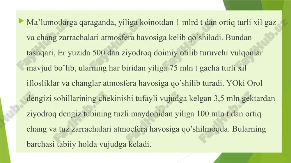 oqda. agar keyingi yuz yil davomida atmosfera havosiga yiliga 4 mlrd t so2 chiqarilgan bo’lsa, hozirgi paytda, yiliga 14 mlrd t so2 chiqariladi. ahvol shu tarzda davom yetadigan bo’lsa, atmosfera havosi tarkibidagi so2 ning miqdori 15% dan 25% gacha oshadi va natijada o’rtacha harorat 0,50 s ga ko’tariladi. bu esa, uz navbatida, muzliklarning erishiga va turli xil salbiy oqibatlarni keltirib chiqaradi. bir kishi o’rtacha bir sutkada 25 kg havo bilan nafas oladi. natijada havo tarkibidagi zararli changlar, qurum va gazlar organizmda to’planaveradi. bu esa, sekin-asta inson organizmining zaiflashuviga olib keladi va oqibatda organizm turli infeksiyalarga etarli darajada qarshilik ko’rsatish qobiliyatini yo’qotadi. bularning barchasini alohida misollarda ko’rib chiqamiz. oltingugurt oksidi so2. rangsiz, o’tkir hidli gaz bo’lib, uning ruxsat etilgan chegaraviy konsentrasiya (rechk o’r.sut.)si 0,05 mg/ m3 ni tashkil yetadi. agar uning miqdori 0,13, 0,3 va 0,8 mg/ m2 ni tashkil etsa, aholi o’rtasida surunkali astma kasalligi mos ravishda 13, 18 va …