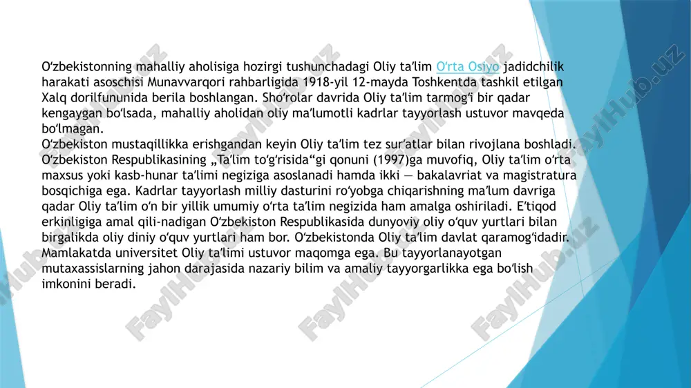 asidagi xalqaro hamkorlik xxr, koreya respublikasi, malayziya, misr, ummon sultonligi, rossiya federatsiyasi, ozarbayjon, turkmaniston, ukraina va boshqa qator davlatlar bilan hukumatlararo va …aro shartnomalar asosida amalga oshiriladi. oliy ta’lim sohasidagi xalqaro hamkorlik xxr, koreya respublikasi, malayziya, misr, ummon sultonligi, rossiya federatsiyasi, ozarbayjon, turkmaniston, ukraina va boshqa qator davlatlar bilan hukumatlararo va shartnomalar asosida amalga oshiriladi. oliy va o`rta maxsus ta’lim vazirligi hamda xitoy xalq respublikasining ta’lim vazirligi o`rtasida 1999 yil 8 noyabrdan belgilangan “ta’lim sohasida hamkorlik” to`g`risidagi shartnoma doirasida xitoy oliy ta’lim muassasalarida o`zbekistonning qator oliy ta’lim muassasalaridan 40 ta talaba, fan nomzodlari, va yosh mutaxassislar amaliyot o`tamoqdalar. hozirda o‘zbekiston va amerikaninng oliy ta’lim yo‘nalishidagi kelgusida amalga oshiriladigan ishlari mujassamlashtirilgan hamkorlik rejasi ishlab chiqilgan bo‘lib, u uch yo‘nalishda amalga oshiriladi. bular: - ingliz tillini o‘rganish va o‘qitish bo‘yicha hamkorlik; - ilm-fan va texnologiyalarni rivojlantirish; - universitetlararo hamkorlik. tomonlar aqsh va o‘zbekistonning oliy ta’lim yo‘nalishidagi hamkorligi ingliz tilshunosligi bilan bir qatorda …