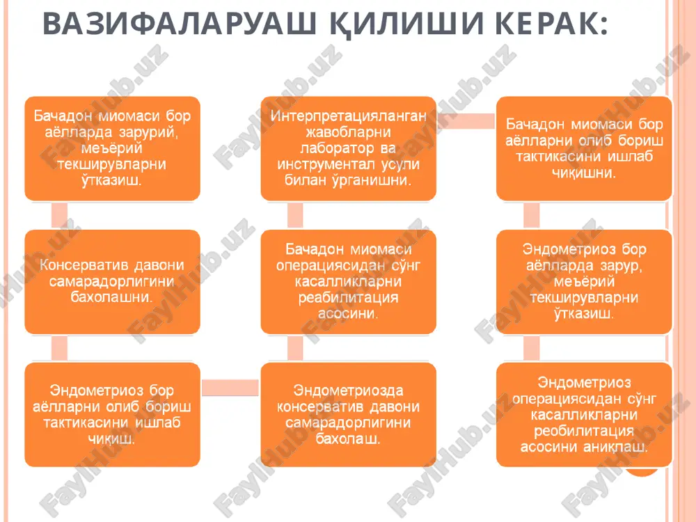 vaqti bilan ko'tarilishi, uyquning buzilishi, agar kasallik o'pkalarga suyuqlik yig'ilishi bilan kechsa, nafas siqishi kuzatiladi. kasallikning ilk davri asosan simptomlarsiz kechadi, vaqt o'tishi bilan qorinda, belda, dumg'azada turli xildagi og'riqlar, siydik va me'da-ichak yo'llarida buzilishlar kuzatiladi. kasallikning keyingi davrlarida esa, o'sma jarayonining qo'shni a'zolarga va organizmning boshqa to'qima va a'zolariga tarqalishi natijasida tananing turli qismlarida intensiv og'riqlar, kaxeksiya (ozib ketish), siydik ajralishining buzilishi, ichak tutilishi holatlari kuzatiladi. laparoskopik tekshirish usuli yordamida qorin bo'shlig'i a'zolarini ekranda ko'rish, tekshirish va hattoki jarrohlik amaliyotini ham bajarish imkonini beradi, shu bilan birga tuxumdon o'smalarini tashhislashda, davolanish davrida erishilgan klinik natijalarini ob'ektiv nazorat qilishda katta yordam beradi. laparoskopiya bilan birga fibrogastroskopiya, rektoromanoskopiya, kolonoskopiya, tsistoskopiya kabi usullar me'da-ichak trakti, siydik yo'llari holatini bilish uchun ishlatiladi. turli mamlakatlar tadqiqotchilari tomonidan tuxumdon o'smalari barvaqt diagnostikasini yuzaga keltirishga yordam beruvchi o'sma markerlari, ya'ni organizmda o'sma jarayoni bor-yo'qligini aniqlashda qon zardobini tekshirish usuli ham qo'llanilmoqda. kup kamerali seroz kistoma mutsinoz …