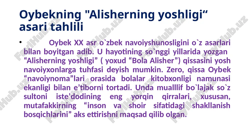 arashgan, jussasi kichik” . anglashiladiki, adibning bu qissasi aynan shu yosh mezonlarida yozilgan. chunki mazkur asarda yuzlab so`zlarning rang-barang ma’no kasb etishi, masalan, ichmoqning “sipqarmoq”, “tomshimoq”; yig`lamoqning “yig`lamsinmoq”, “ingramoq”, “singramoq”, “siqtamoq”, “o`kurmak”, “inchkurmak”, “hoy-hoy”lab yig`lash lafzlari chiroyli misollar vositasida asoslanib, bu tilning, elning ulug`ligi ta'kidlangan. oybek bu manbadan ijodiy ilhomlanib, “bola alisher” qissasini qadimgi turkiy so`zlar bilan jilolantirishga erishgan. binobarin, qissada yozuvchi turkiy-o`zbek tilining deyarli barcha imkoniyatlaridan foydalanib, navoiy davri ruhini va tilimiz so`z boyliklarini bera olgan. bu avvalo, oybekning badiiy so`zga e'tiborini yorqin ko`rsatadi. qolaversa, o`zbek tilining jozibadorligini mustaqillik tufayli anglayotgan bugungi avlod uning bardavomligini teran his qiladi. g`iyosiddin kichkina, kobuliy taxallusi ila shuhrat qozongan tog`asi mirsaid, urush-qirg`inlar qaddini bukchaytirganiga qaramay, maqtanchoqlikni qo`ymaydigan shohruh shoh, fitnakor qari malika gavharshodbegim, g`iybatchi shahzoda abdullatif, harbu zarbga mehri baland, tantiq husayn obrazlariga va qator tarixiy voqealarga murojaat etadi. oybek “navoiy” romanini yozishda orttirgan tajribasiga tayanib, bu qissada ham tarixiy shaxslar xarakterini yorqin …