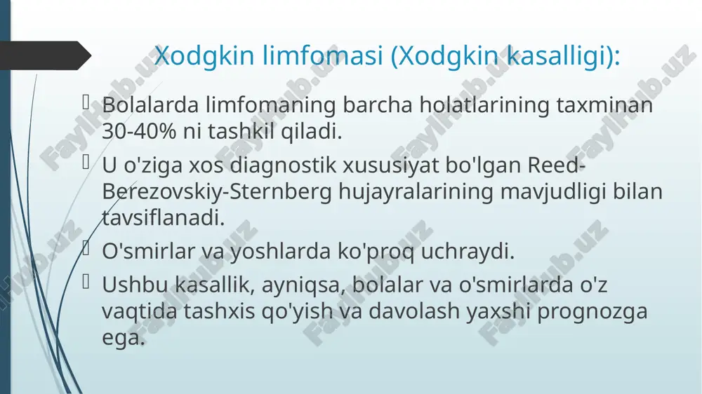 a qilingan, qorin og'rig'iga sabab bo'ladi, o'simta jag' va boshqa organlarga kirishi mumkin; diffuz yirik b hujayrali limfoma bolalarda nhlning eng keng tarqalgan kichik turlaridan biri. limfa tugunlari va ekstralimfatik organlarga (teri, suyaklar, markaziy asab tizimi) ta'sir qilishi mumkin. katta hujayrali anaplastik limfoma t-hujayra yoki null bo'lishi mumkin bo'lgan noyob kichik tip. teri, o'pka, jigar va boshqa organlarga ta'sir qiladi. klinik ko'rinishlar bolalardagi nhlning klinik ko'rinishi o'simtaning joylashishiga va kasallikning bosqichiga bog'liq. kasallik tez rivojlanadi va semptomlar bir necha hafta davomida rivojlanishi mumkin. asosiy alomatlar: mahalliy simptomlar: kattalashgan limfa tugunlari: bo'yin, qo'ltiq, chanoqda zich, og'riqsiz tugunlar. qorin og'rig'i va shishiradi: ko'pincha berkitt limfomasida qorin bo'shlig'ining ishtiroki bilan bog'liq. mediastinal organlarning siqilish belgilari: yo'tal, nafas qisilishi, ko'krak qafasidagi og'riqlar, mediastindagi limfa tugunlari ta'sirlanganda paydo bo'ladi (masalan, limfoblastik limfoma bilan). tizimli alomatlar ("b belgilari" deb ataladigan) isitma. kechasi terlar. tana vaznining yo'qolishi (6 oy ichida 10% dan ortiq). suyak iligi infiltratsiyasi: anemiya, …